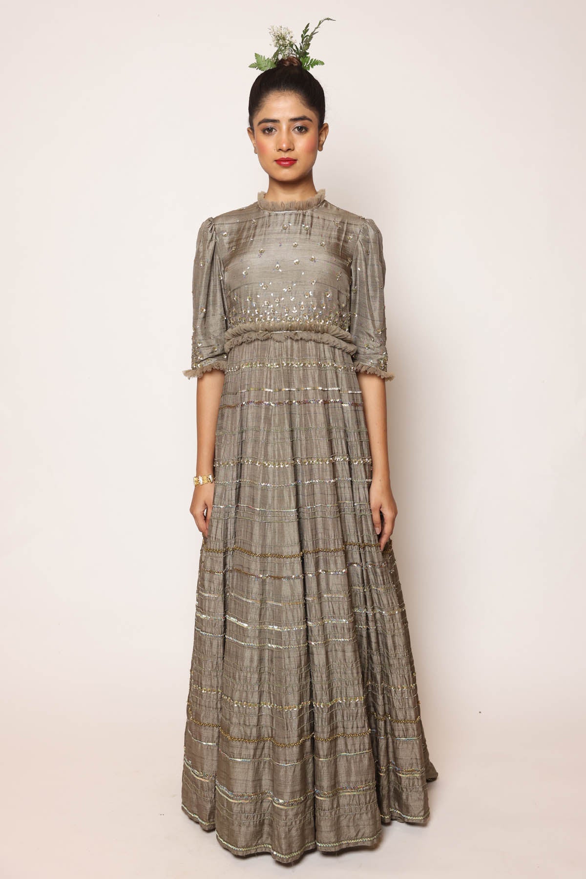 Grey Close Neck Sequins Dress at ScrollnShops