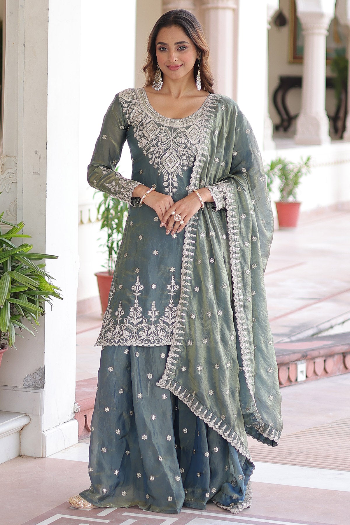 Grey Coding Sequins Kurta Set