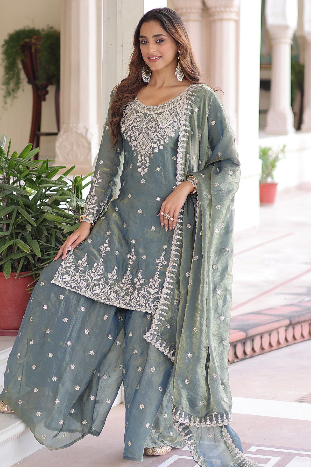 Grey Coding Sequins Kurta Set