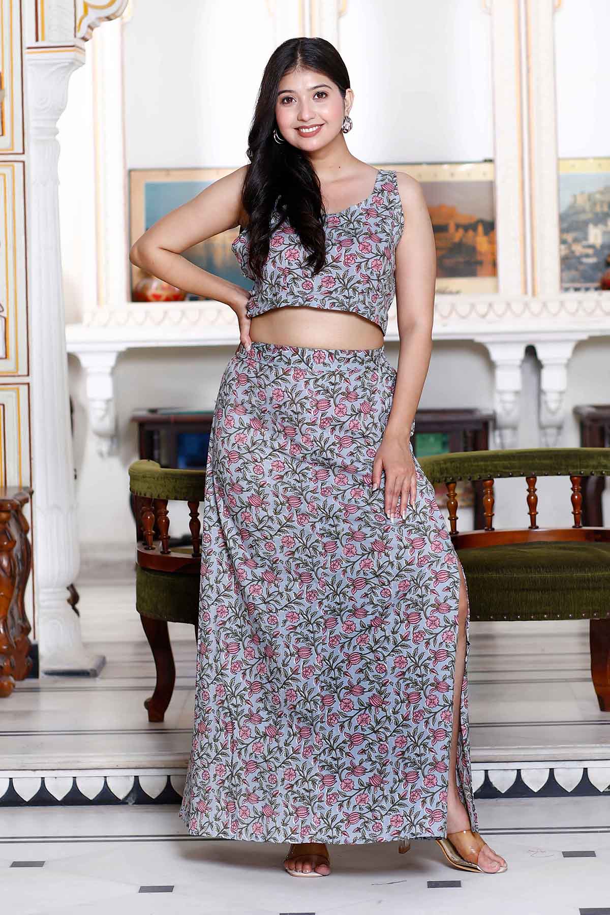 Buy Grey Cotton Crop Top & Skirt by Miravan for women online at ScrollnShops