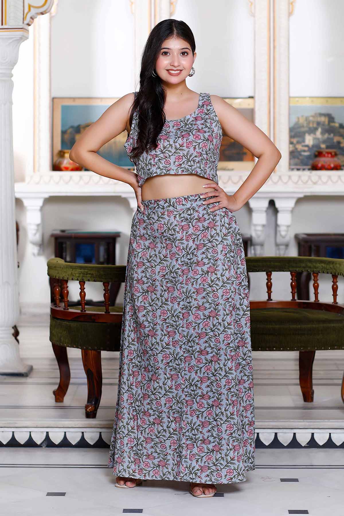 Grey Cotton Crop Top & Skirt