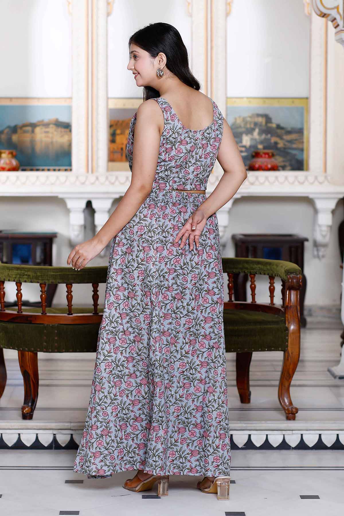 Grey Cotton Crop Top & Skirt