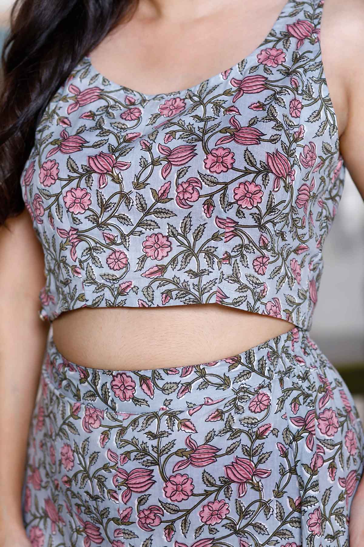 Grey Cotton Crop Top & Skirt