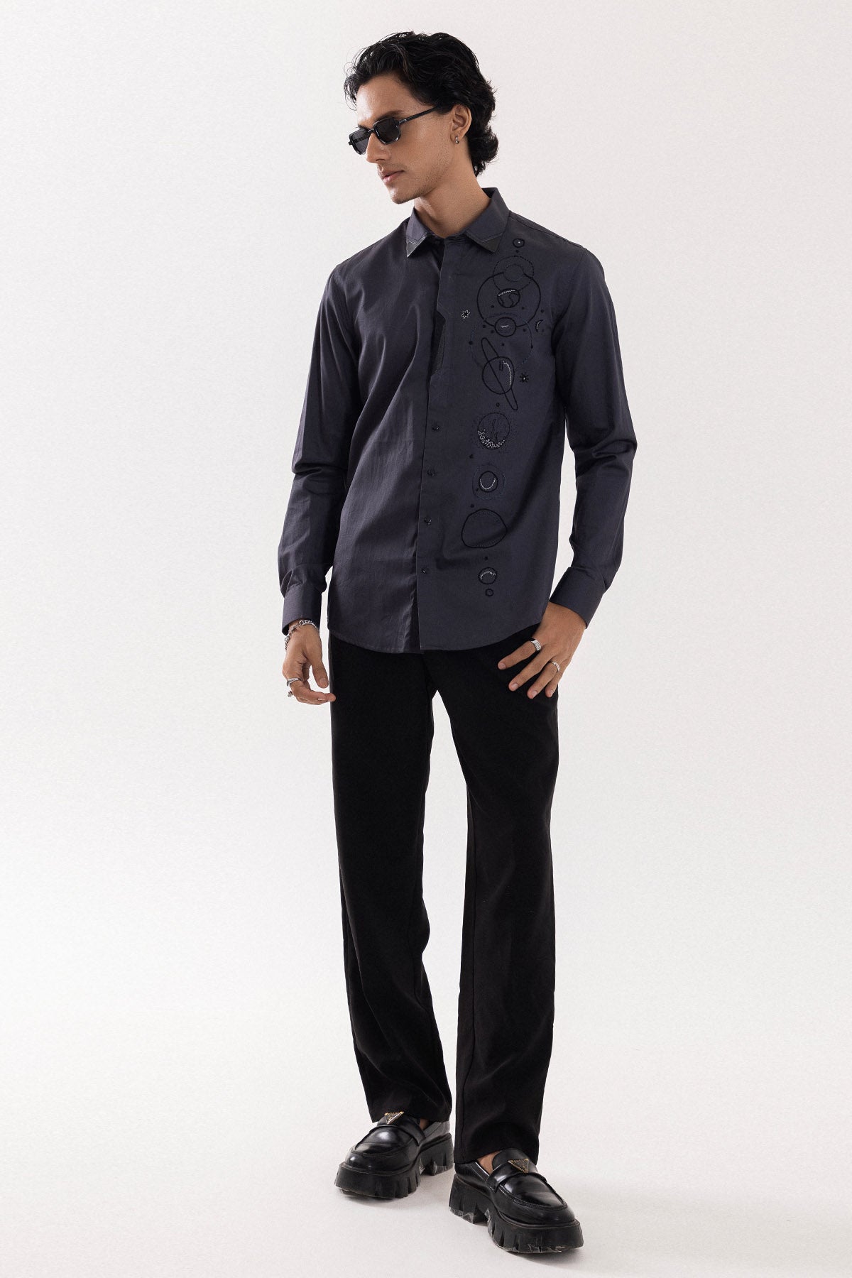 Grey Cotton Embroidered Shirt