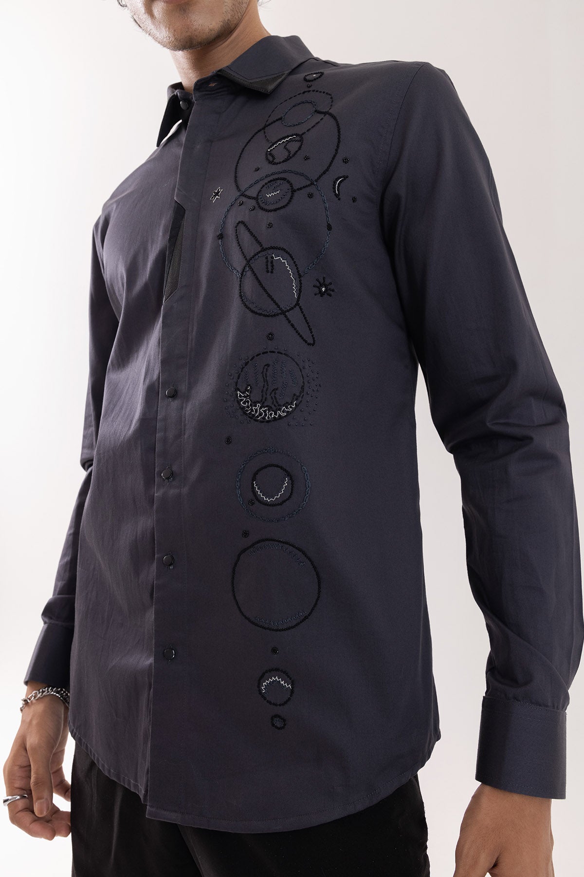 Grey Cotton Embroidered Shirt