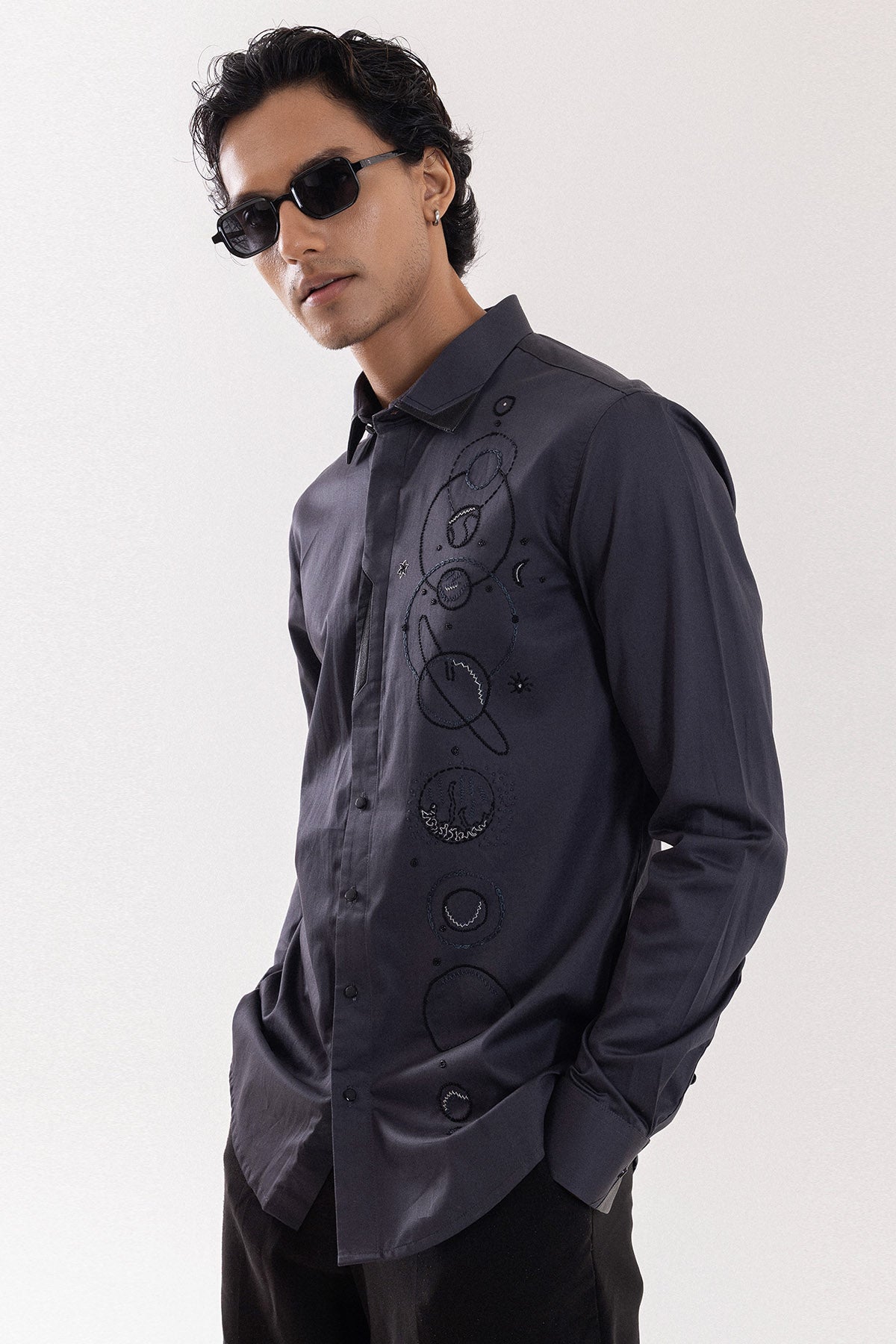 Grey Cotton Embroidered Shirt