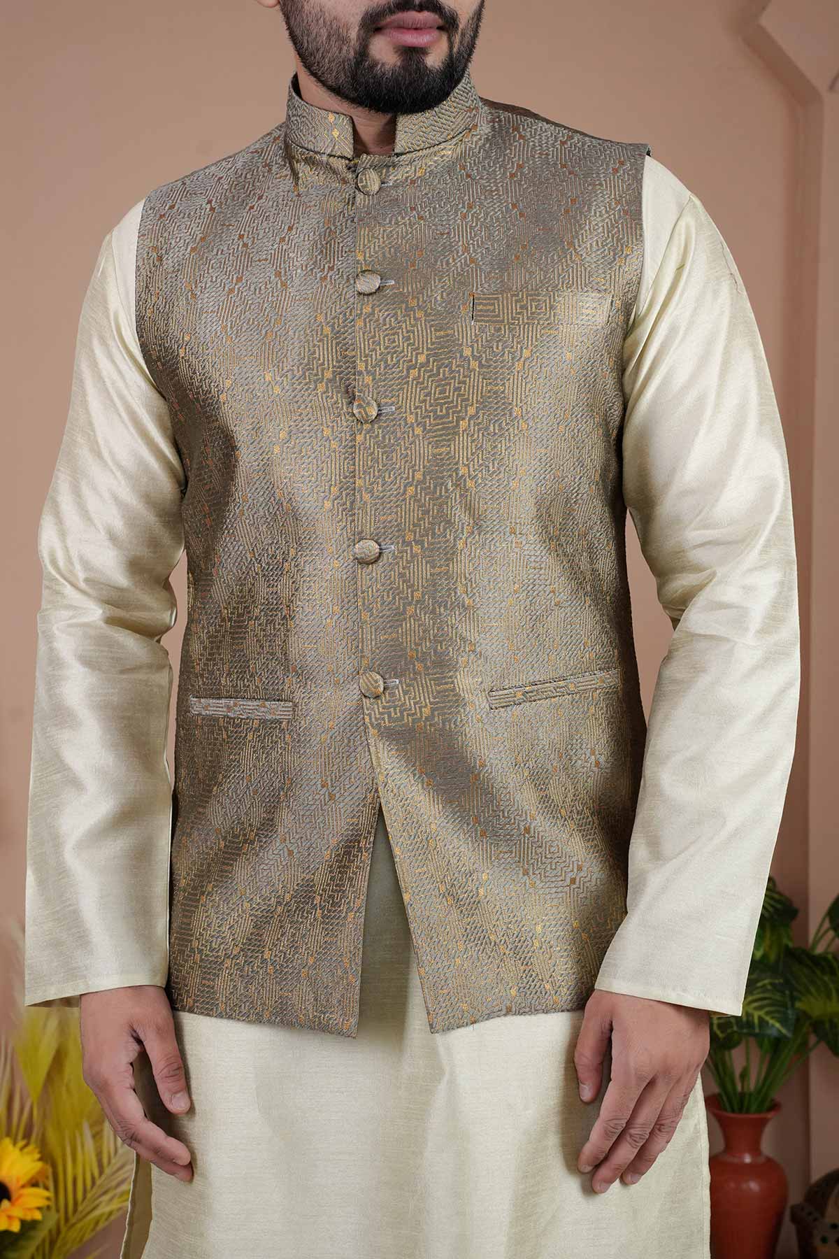 Grey Cotton Silk Jacquard Bundi