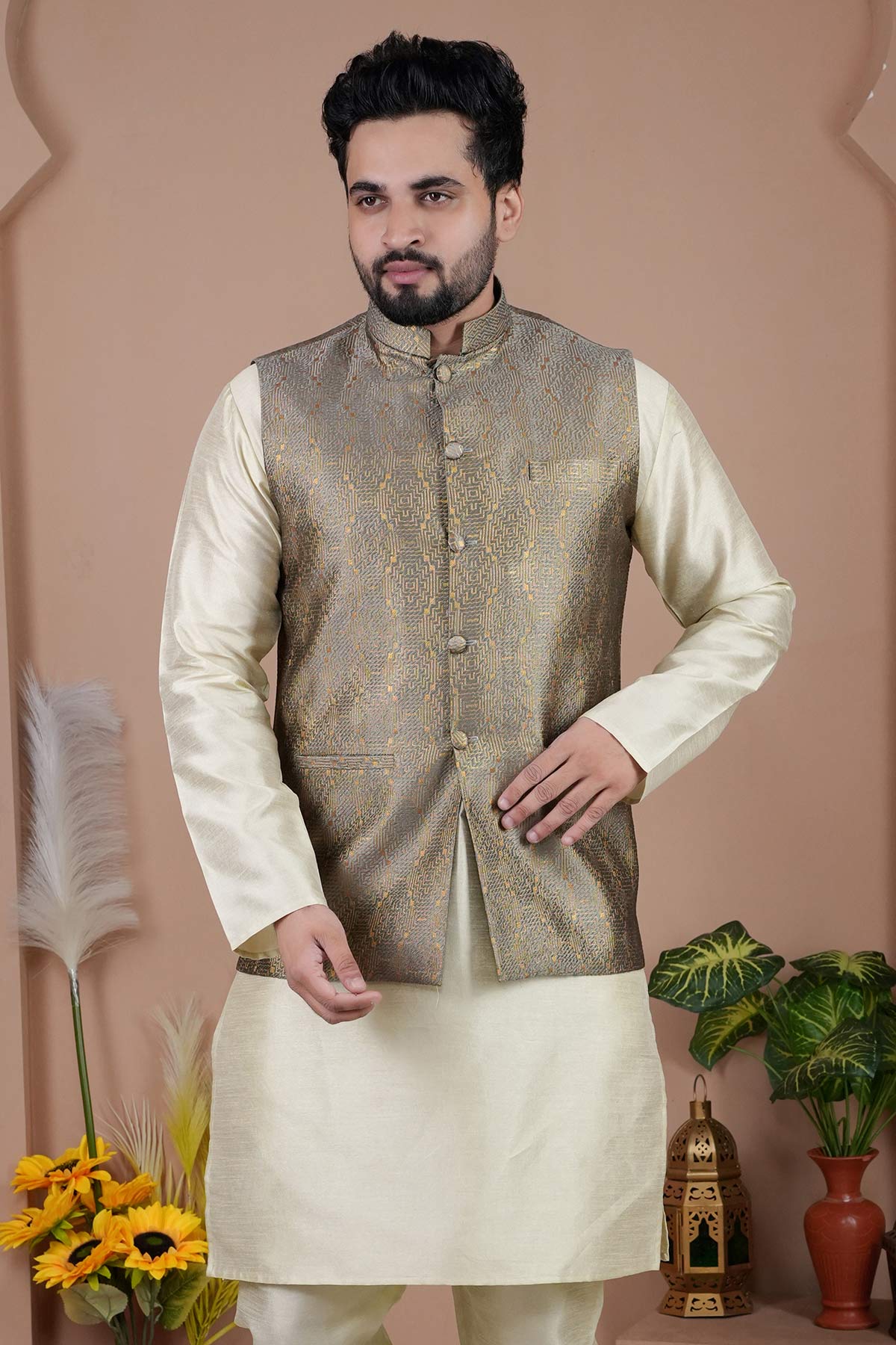 Buy Grey Cotton Silk Jacquard Bundi for men by Aastha Fashion online available at scrollnshops