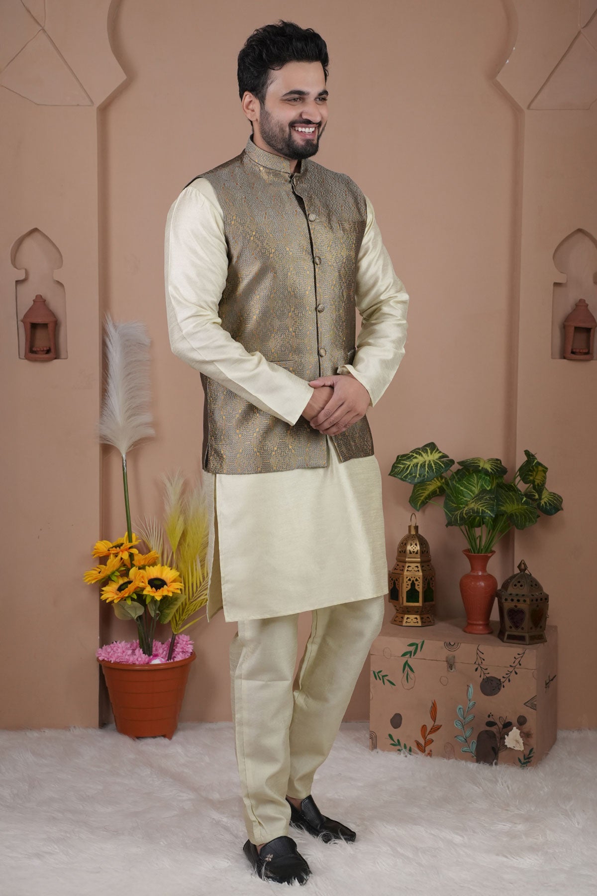 Grey Cotton Silk Jacquard Bundi