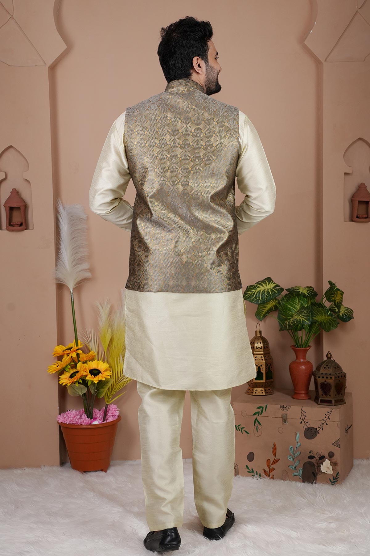 Grey Cotton Silk Jacquard Bundi