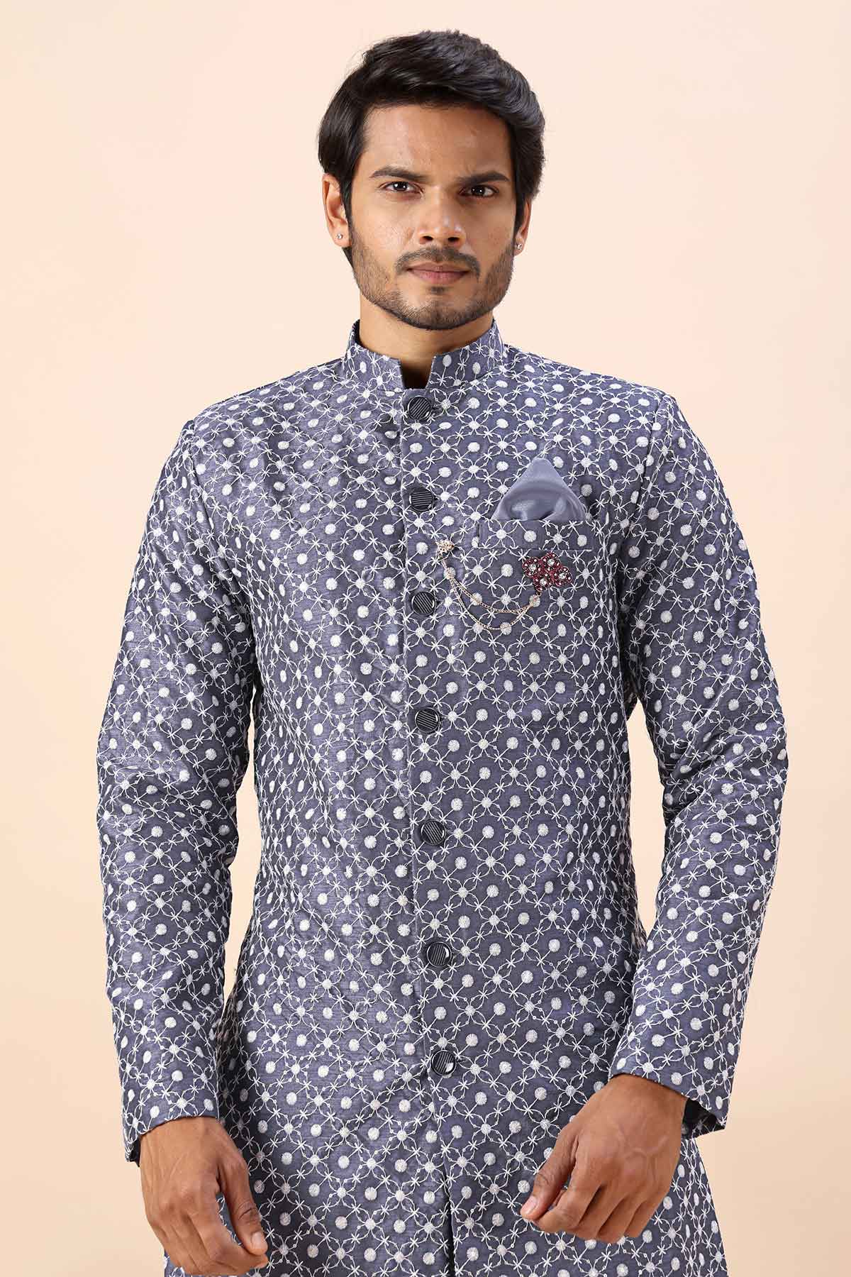 Grey Cotton Silk Sherwani Set