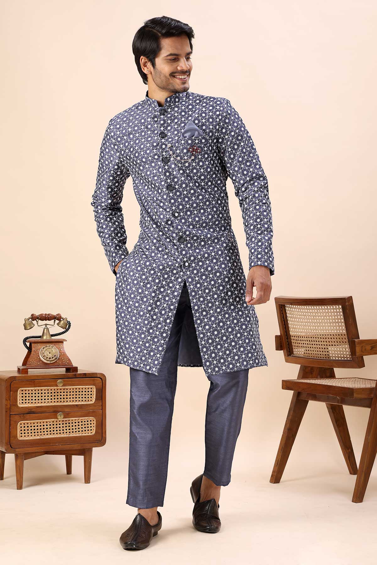Buy Grey Cotton Silk Sherwani Set for men by Aastha Fashion online available at scrollnshops