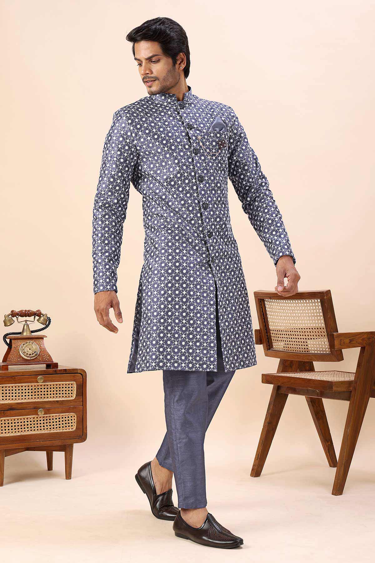 Grey Cotton Silk Sherwani Set