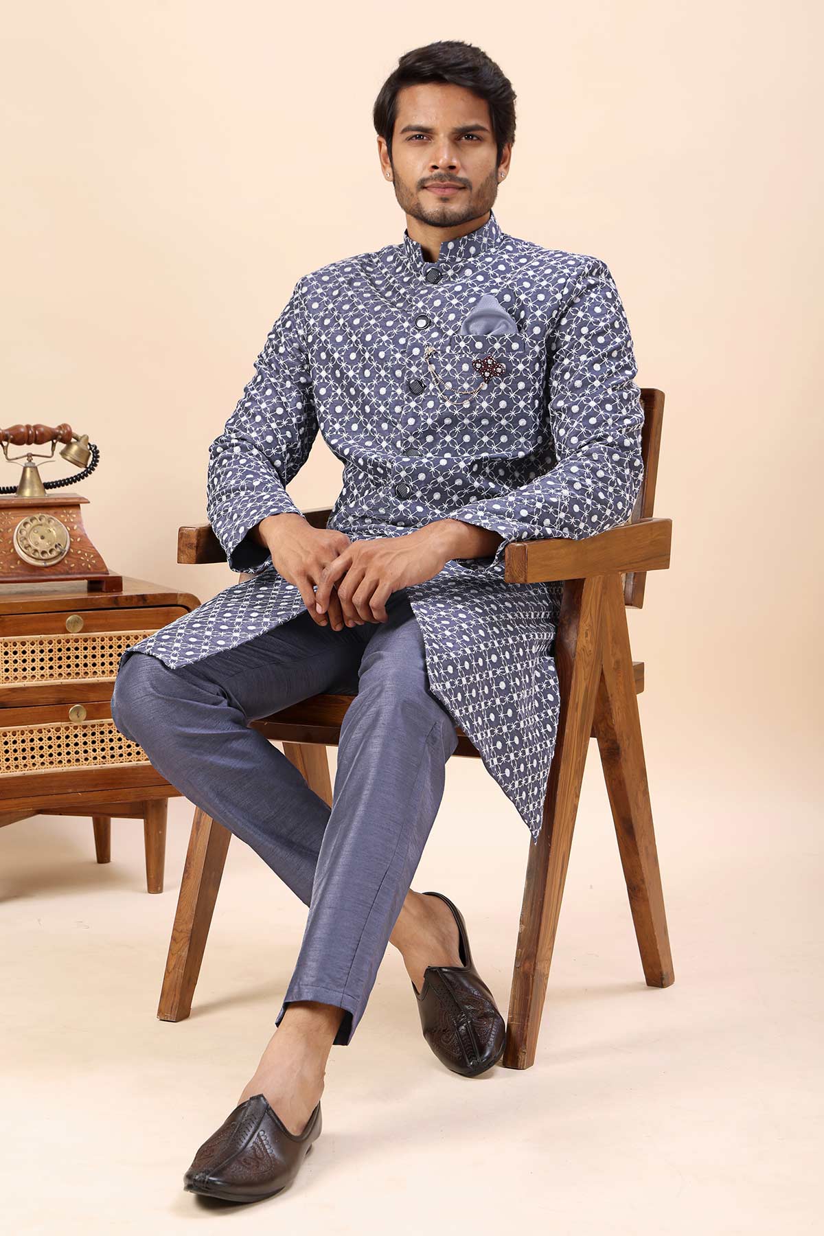 Grey Cotton Silk Sherwani Set