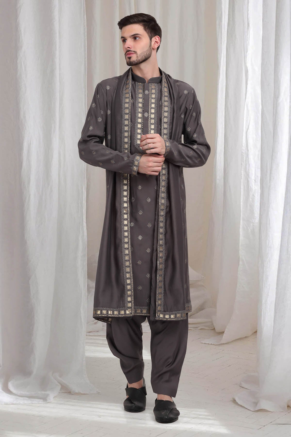 Buy Grey Cotton Thread Kurta Set by Aham Vayam for men online at ScrollnShops