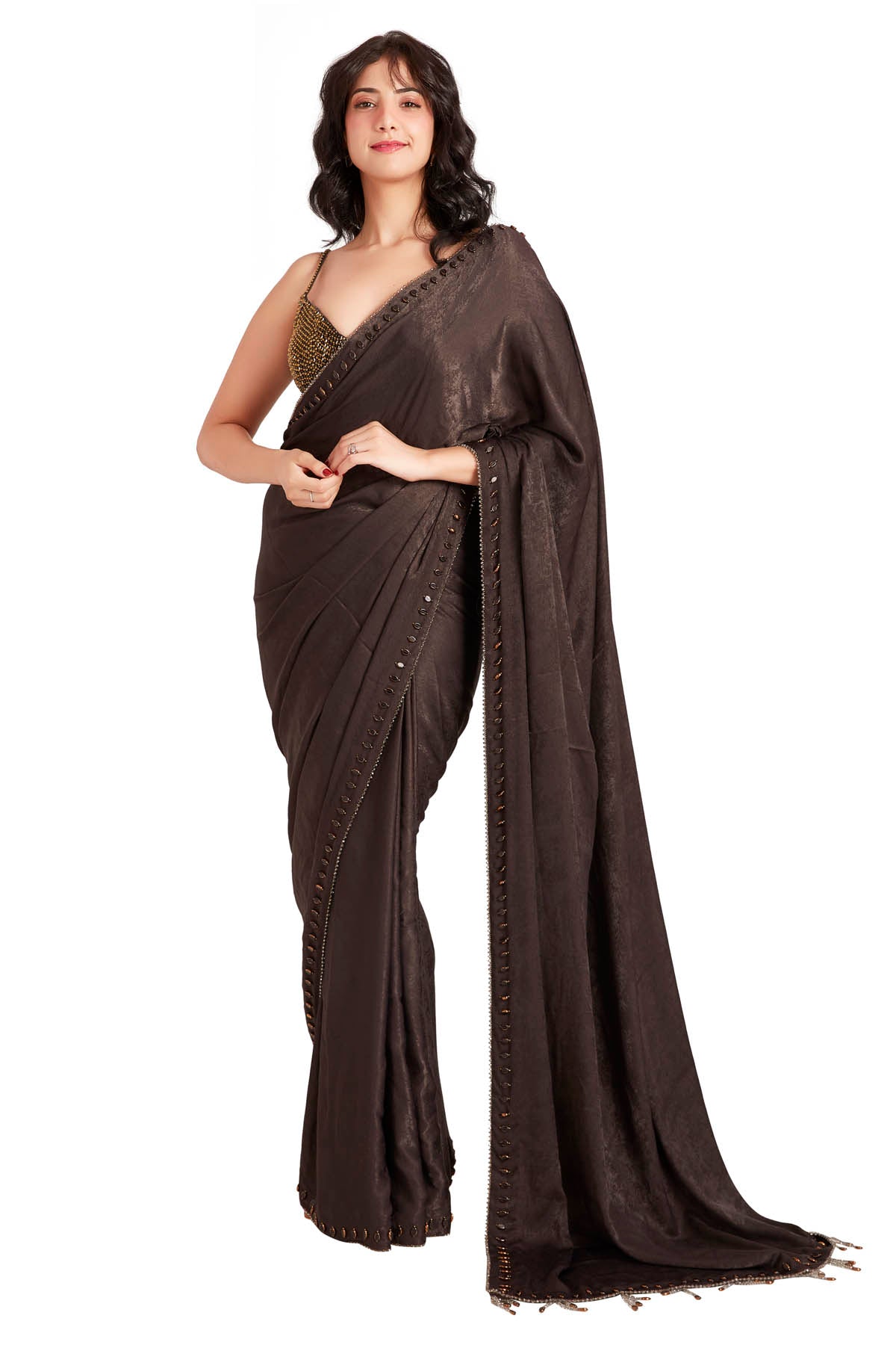 Vastra by Mala Munde Grey Crystal Embroidered Saree for women online at ScrollnShops