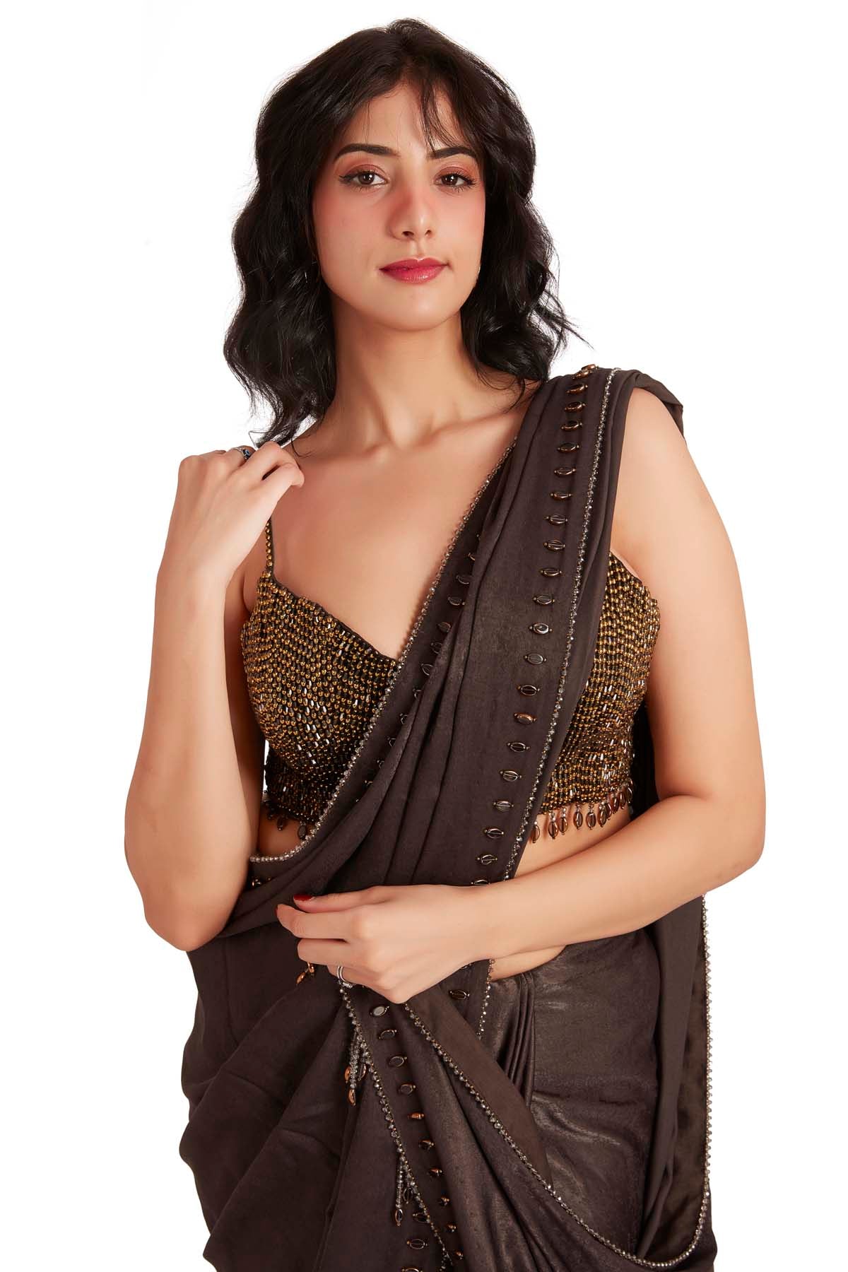 Grey Crystal Embroidered Saree