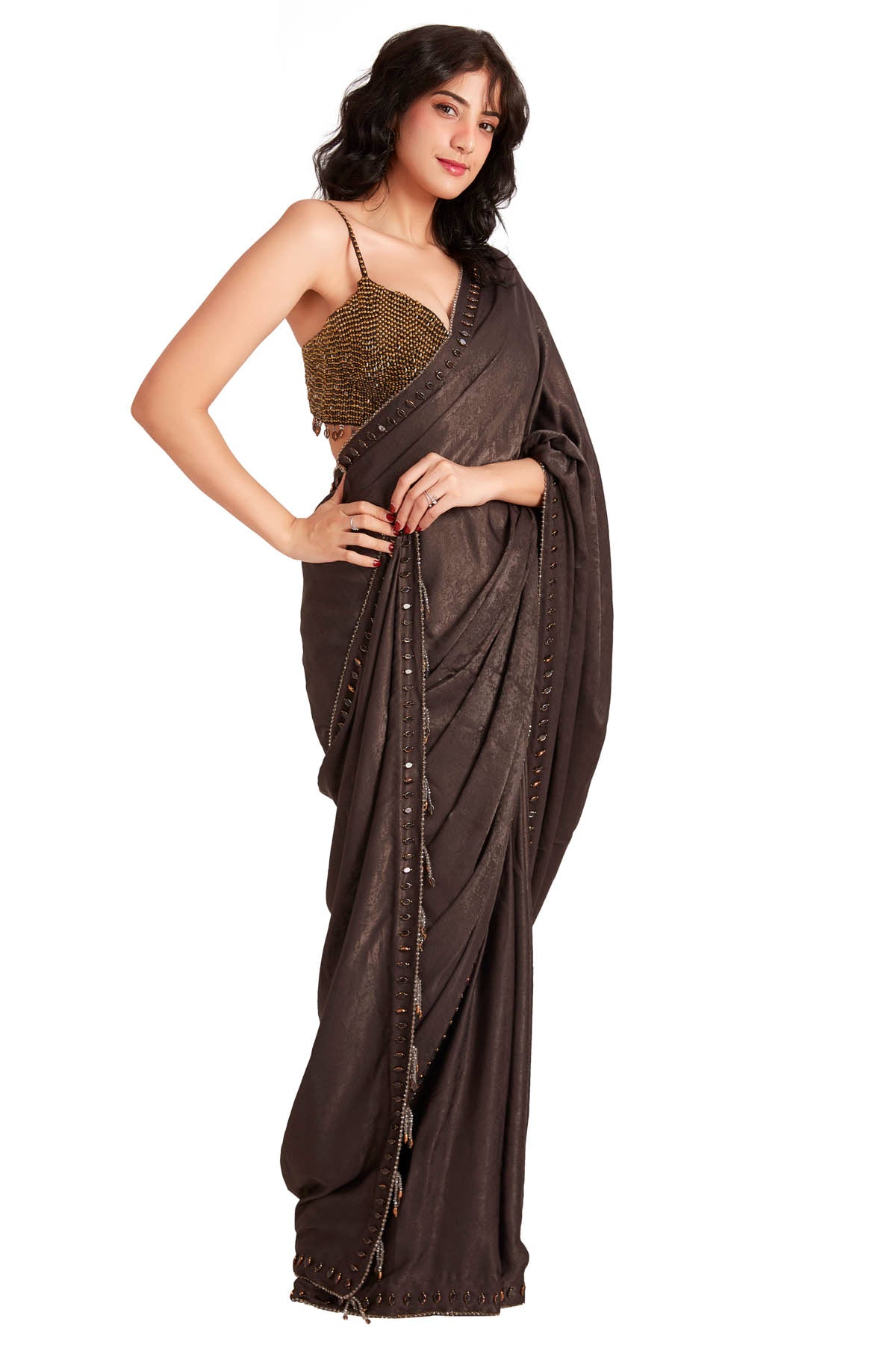 Grey Crystal Embroidered Saree