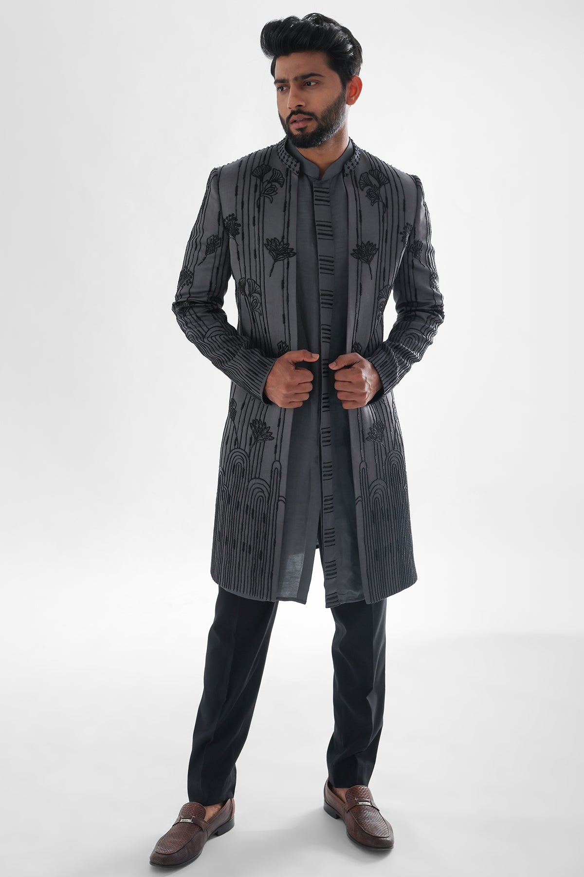 Buy Grey Cutdana Open Achkan Set for men by Paarsh Atelier online available at scrollnshops