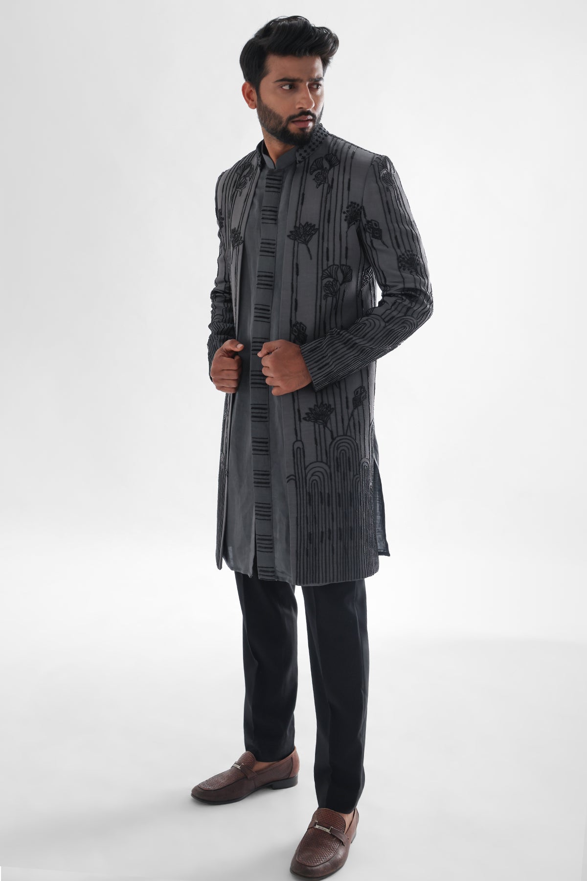 Grey Cutdana Open Achkan Set