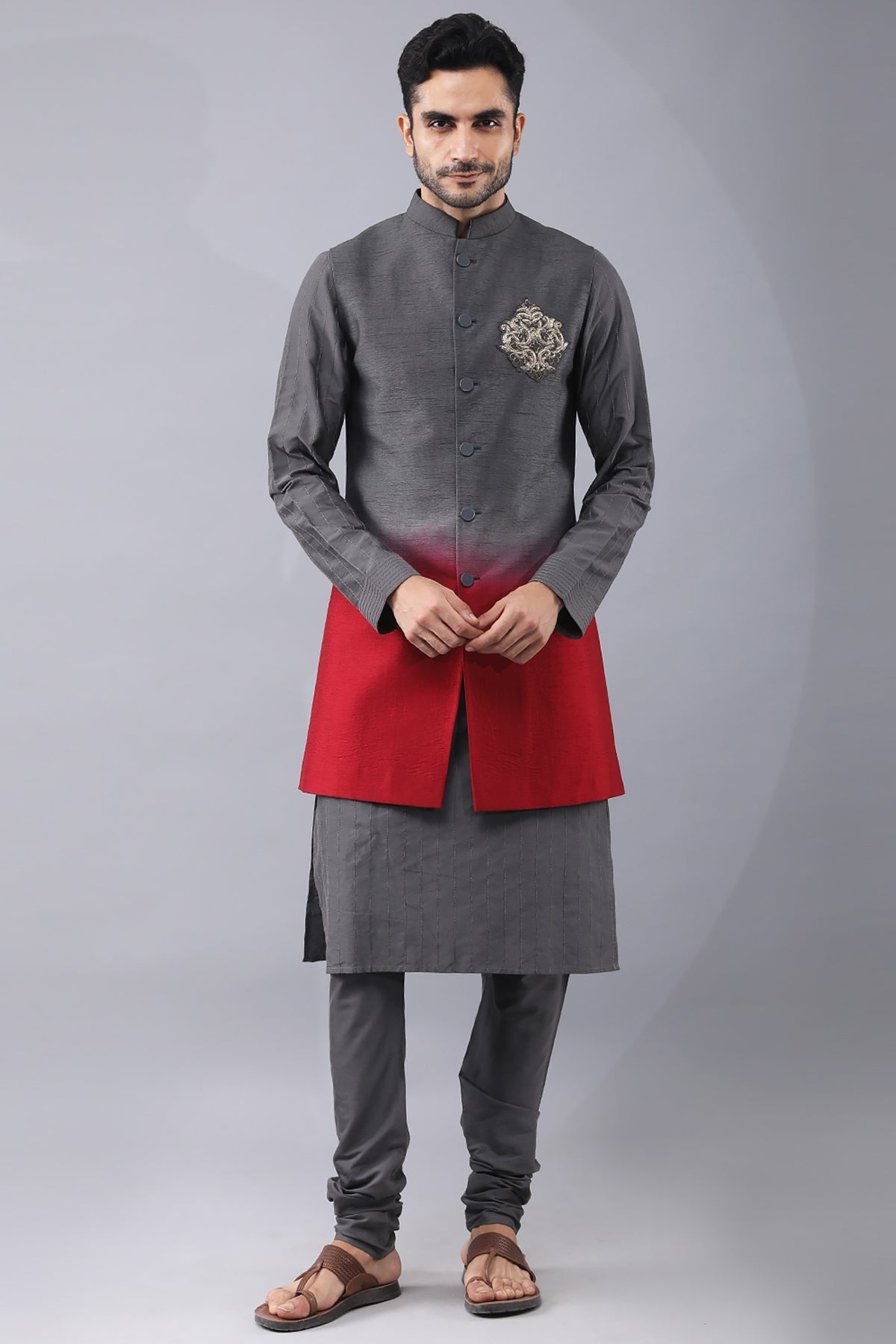 Buy Grey Dori Embroidered Kurta Set by Manish Nagdeo for Men online at ScrollnShops