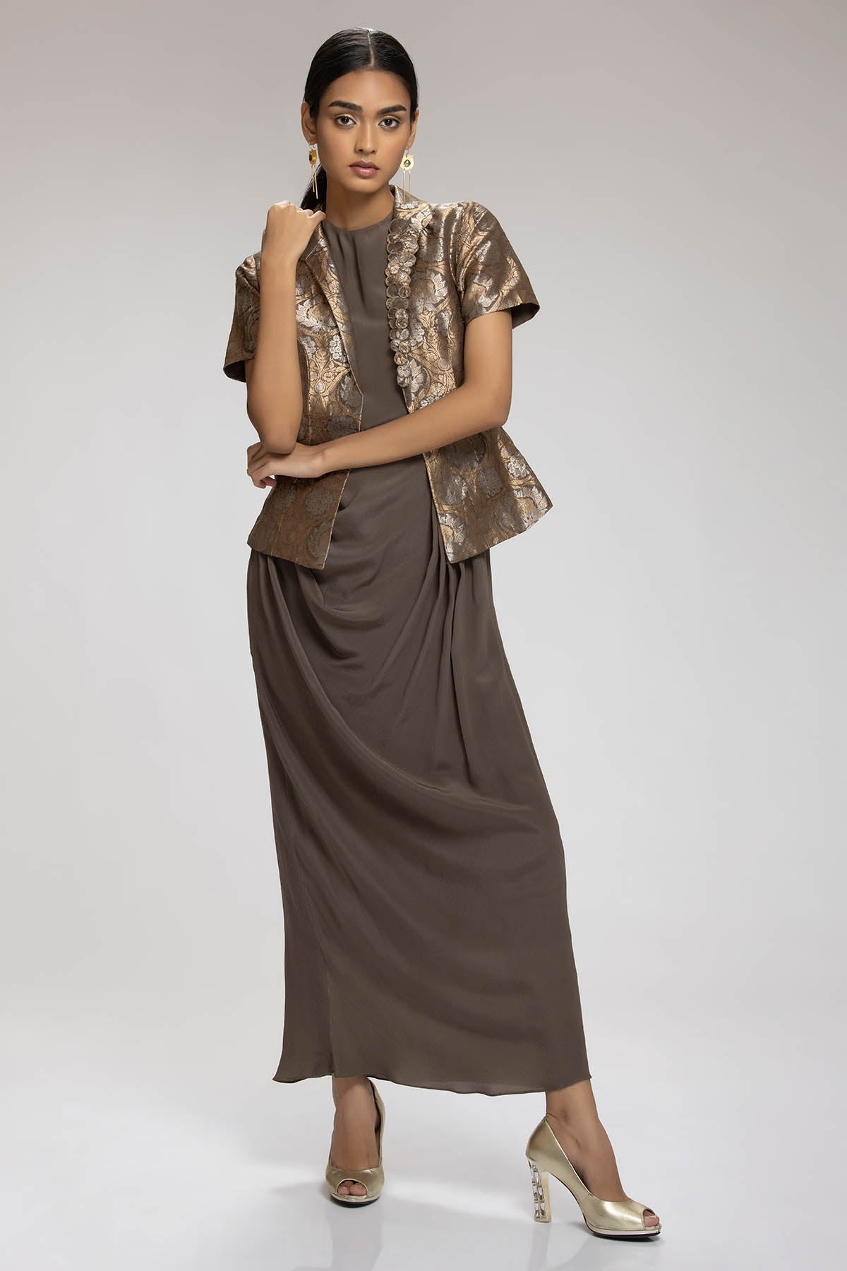 Chhaya Mehrotra Grey Draped Midi Dress & Jacket for women online at ScrollnShops