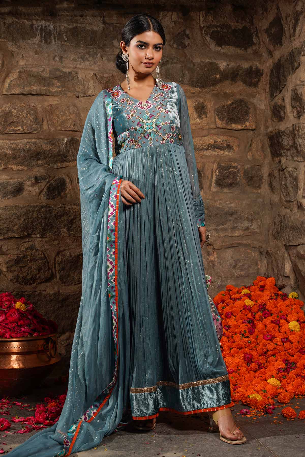 Seharre Grey Embroidered Anarkali Set for women online at ScrollnShops