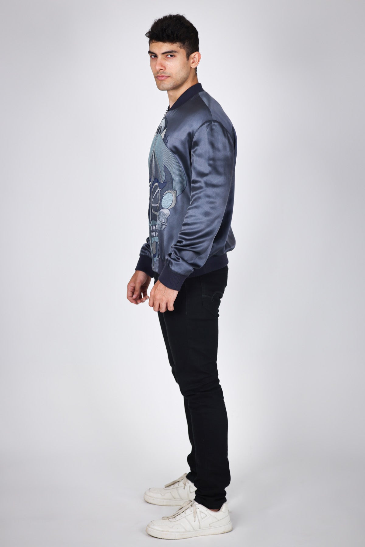 Grey Embroidered Bomber Jacket