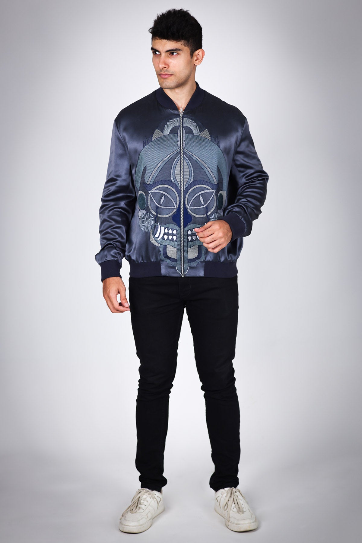 Arya Giri Grey Embroidered Bomber Jacket for men online at ScrollnShops