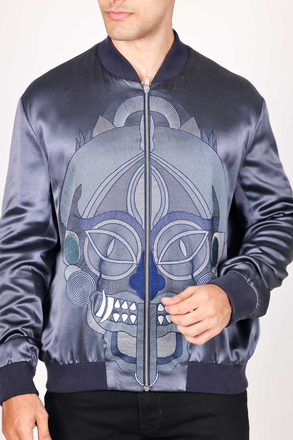 Grey Embroidered Bomber Jacket