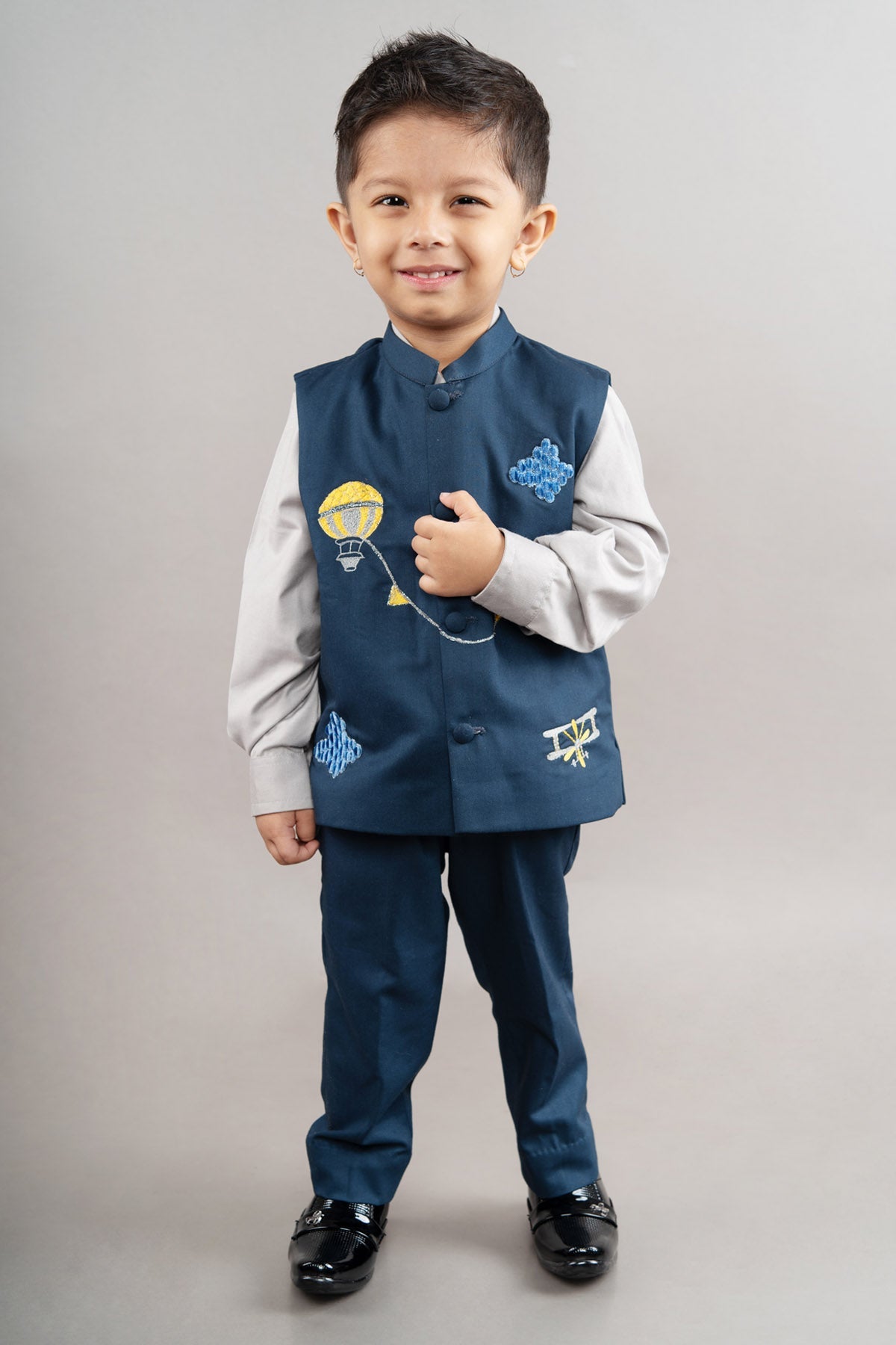 Designer Little Brats Grey Embroidered Bundi Set For young Boys Available online at ScrollnShops