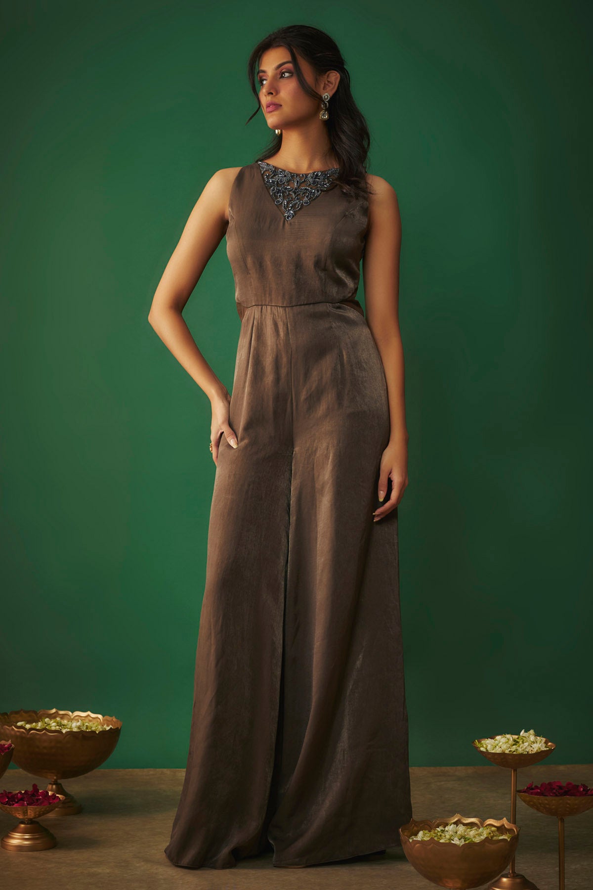 Grey Embroidered Flare Jumpsuit