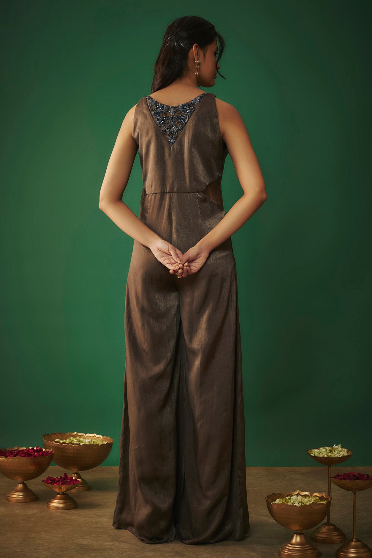 Grey Embroidered Flare Jumpsuit