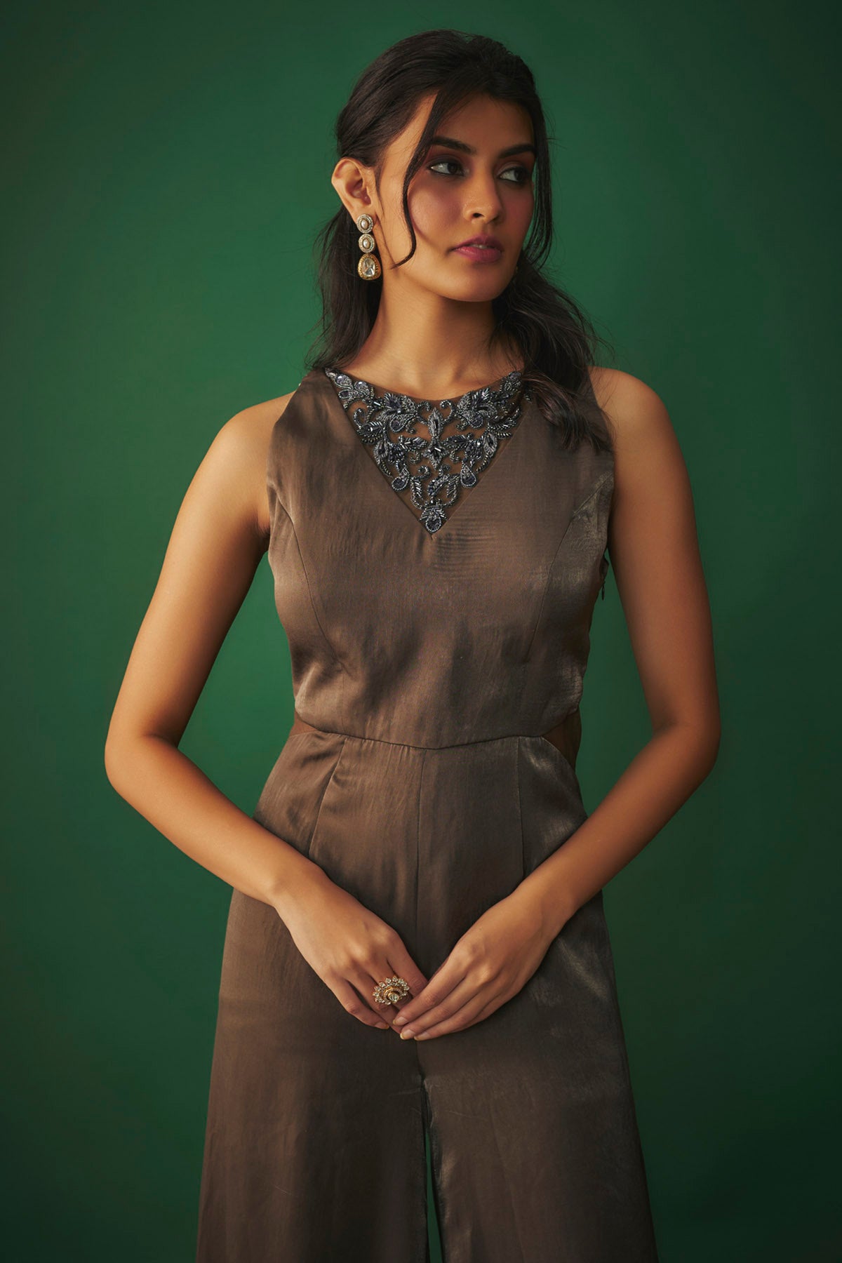 Grey Embroidered Flare Jumpsuit