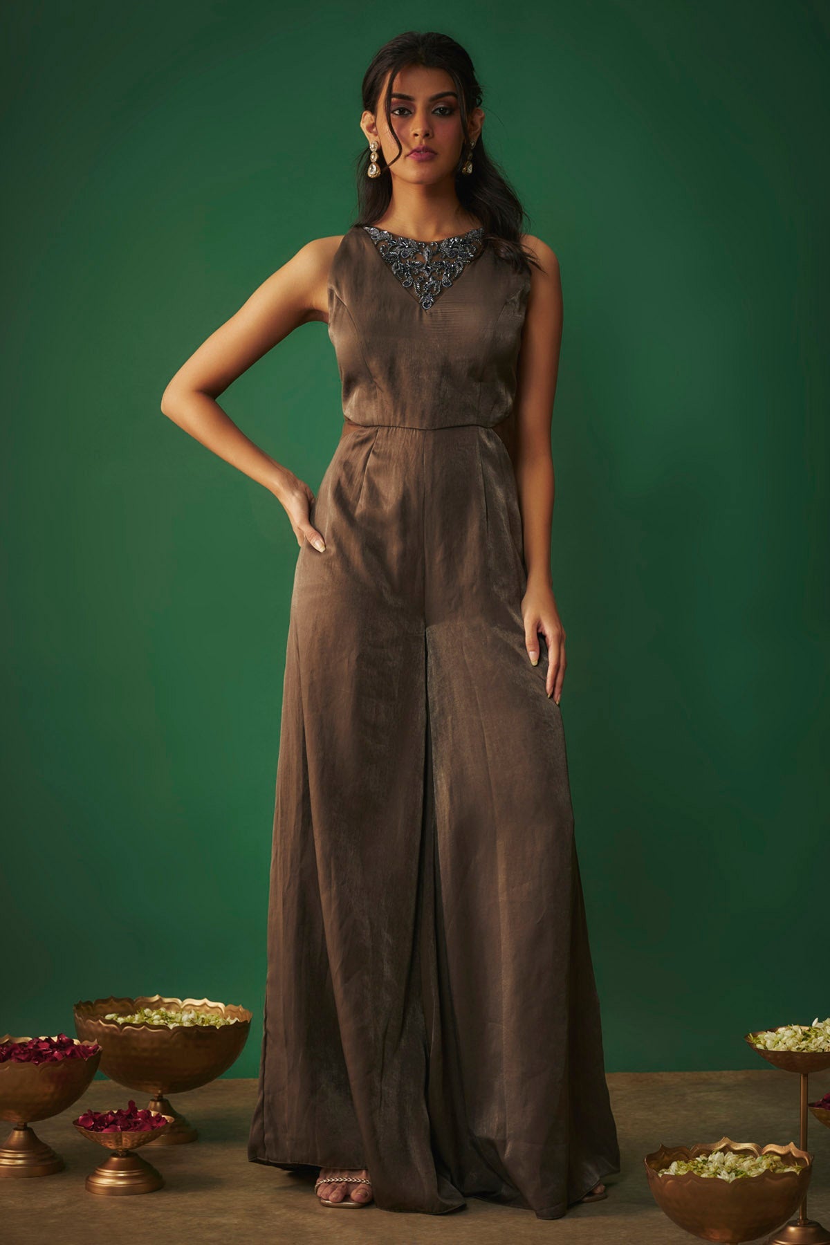 Mehak Murpana Grey Embroidered Flare Jumpsuit for Women Online at ScrollnShops