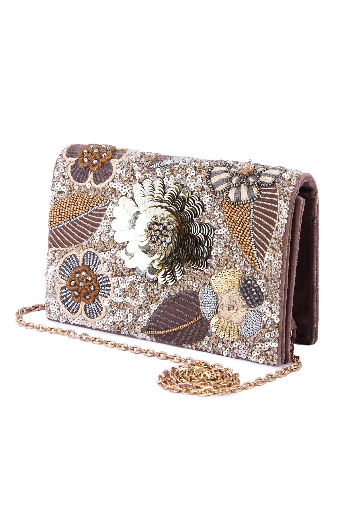 Grey Embroidered Floral clutch