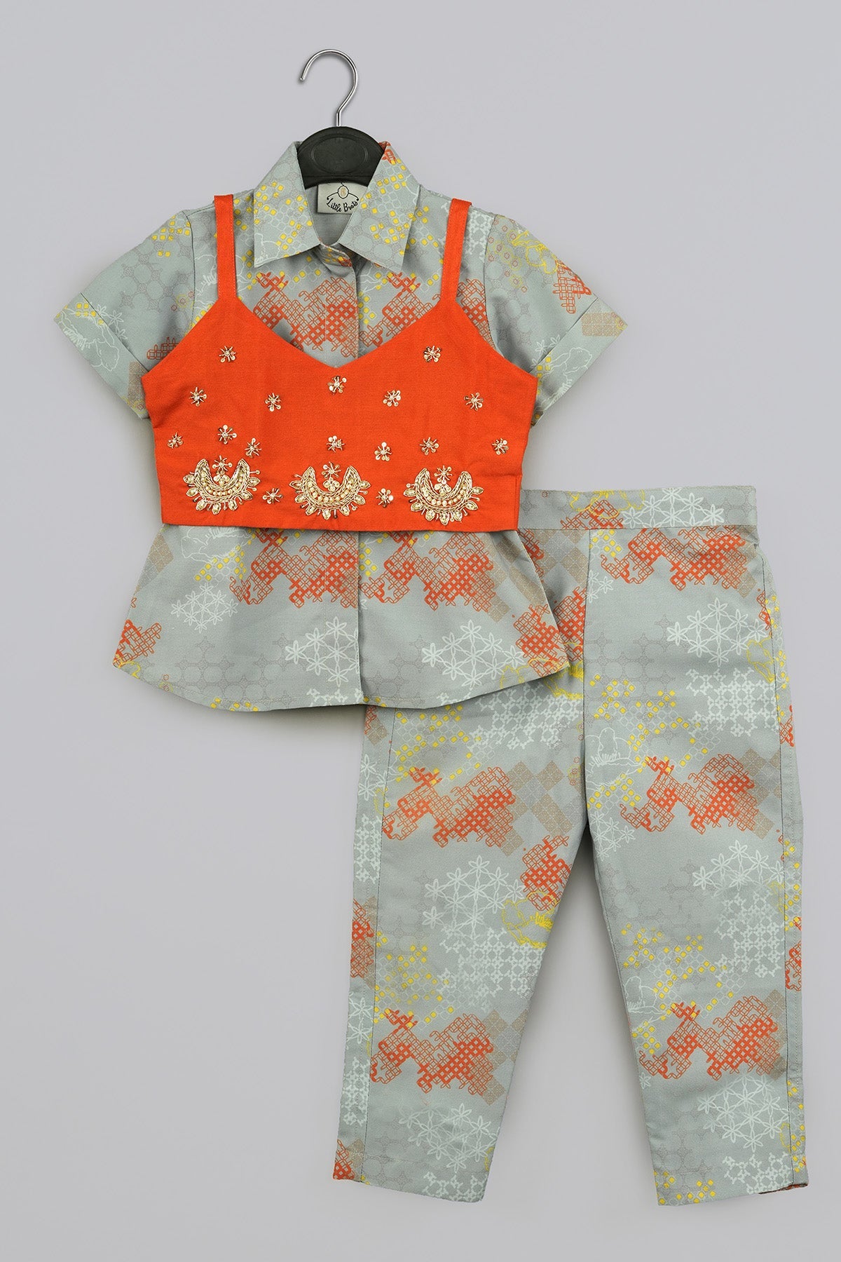 Buy Grey Embroidered Fusion Set for Kids by Little Brats Designer online available at scrollnshops