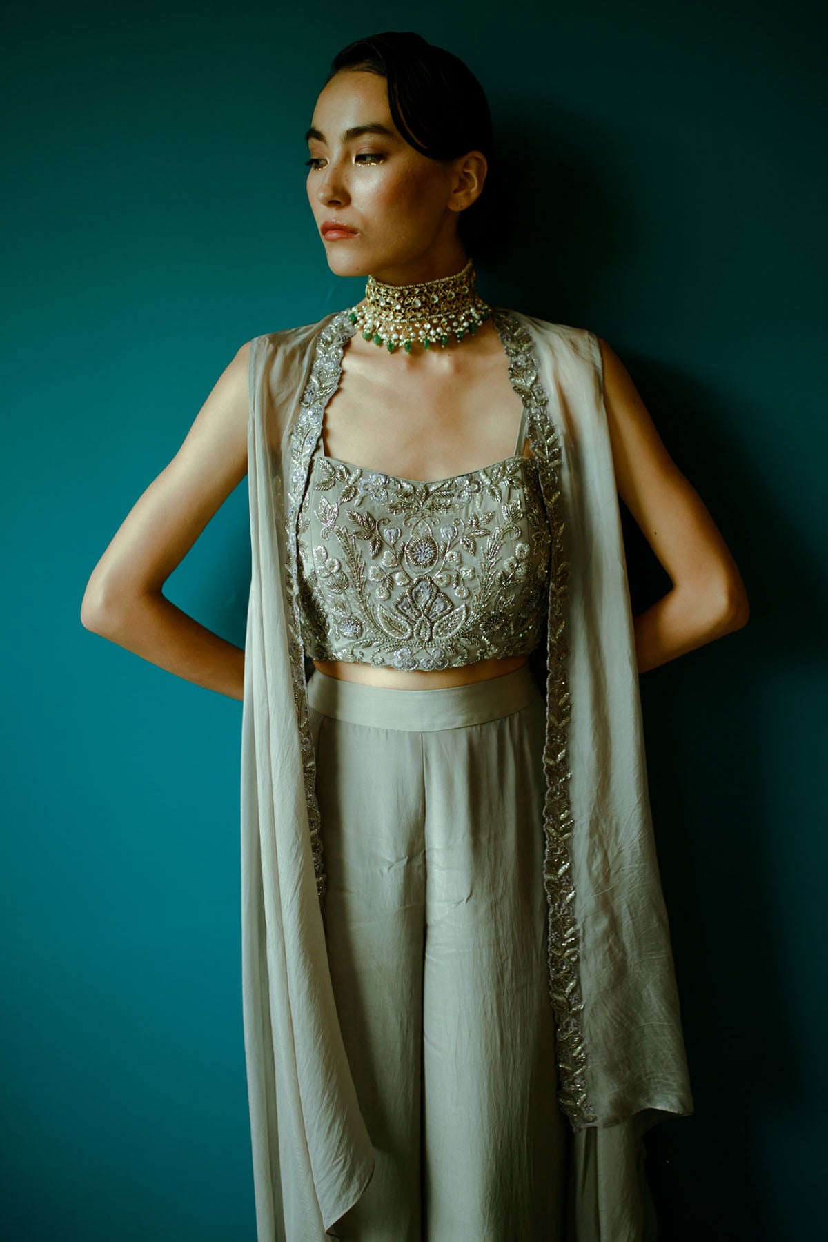 Grey Embroidered Jacket Set