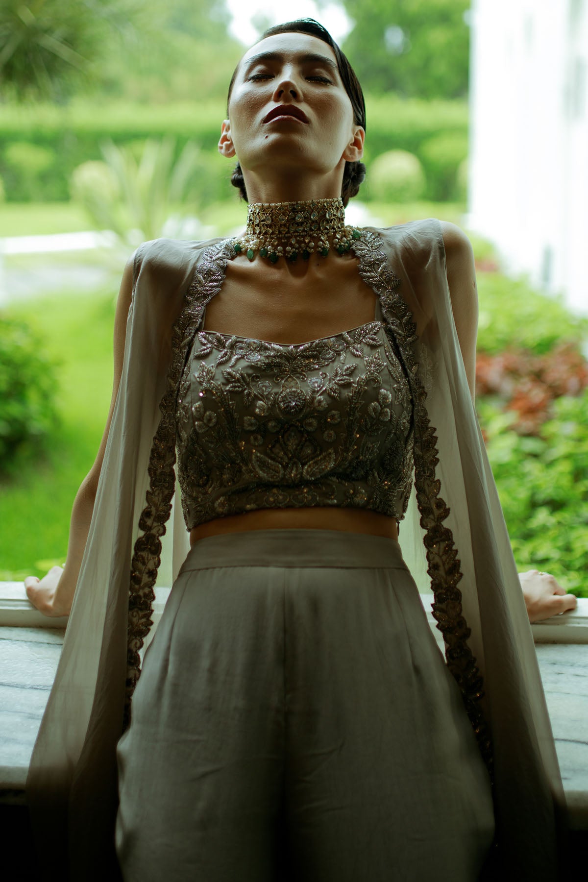 Grey Embroidered Jacket Set