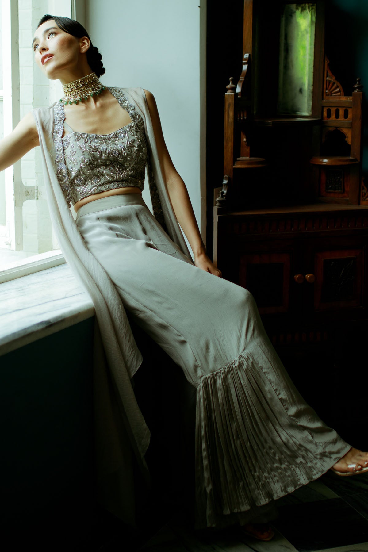 Grey Embroidered Jacket Set