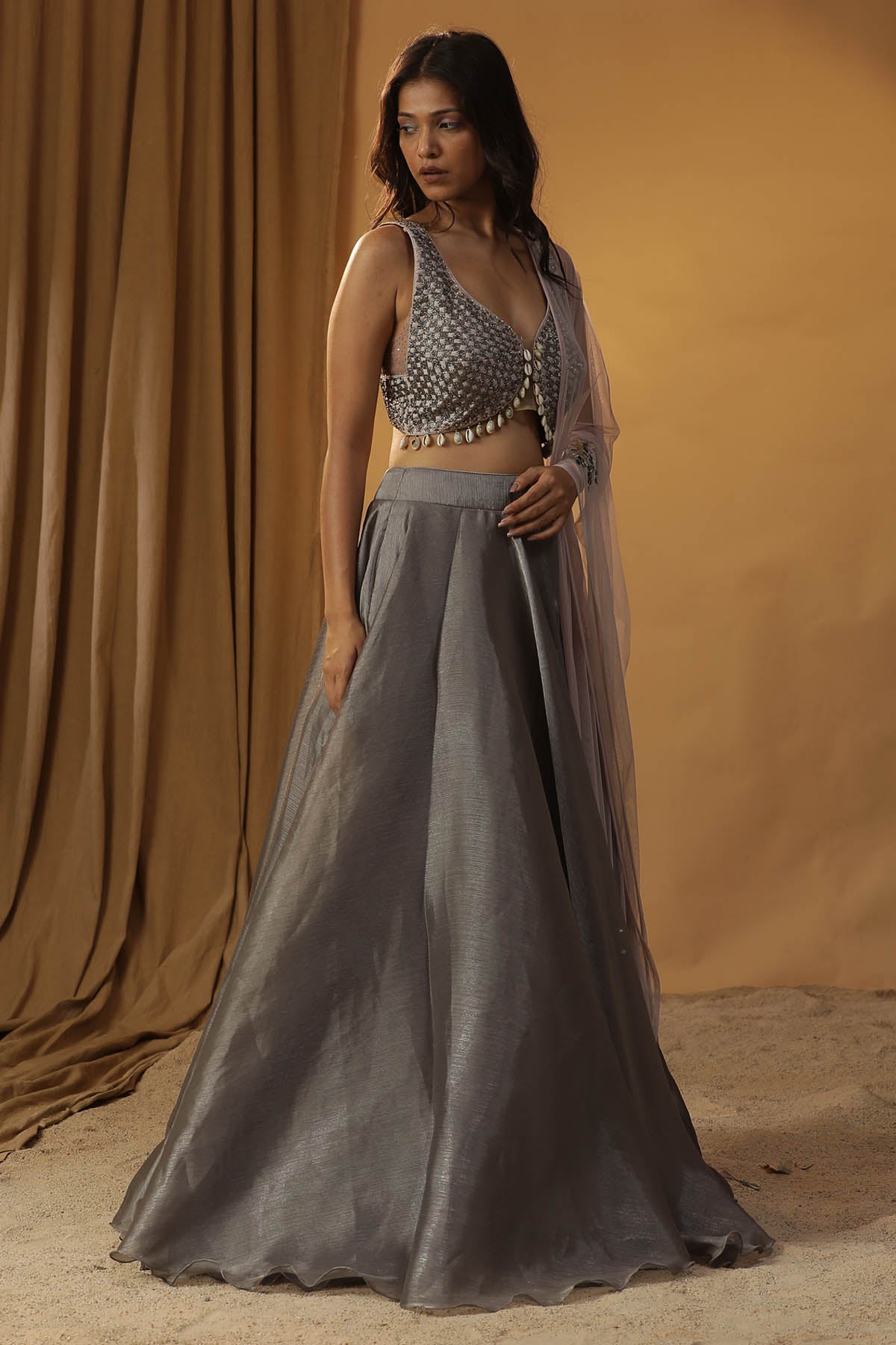 Grey Embroidered Lehenga Set