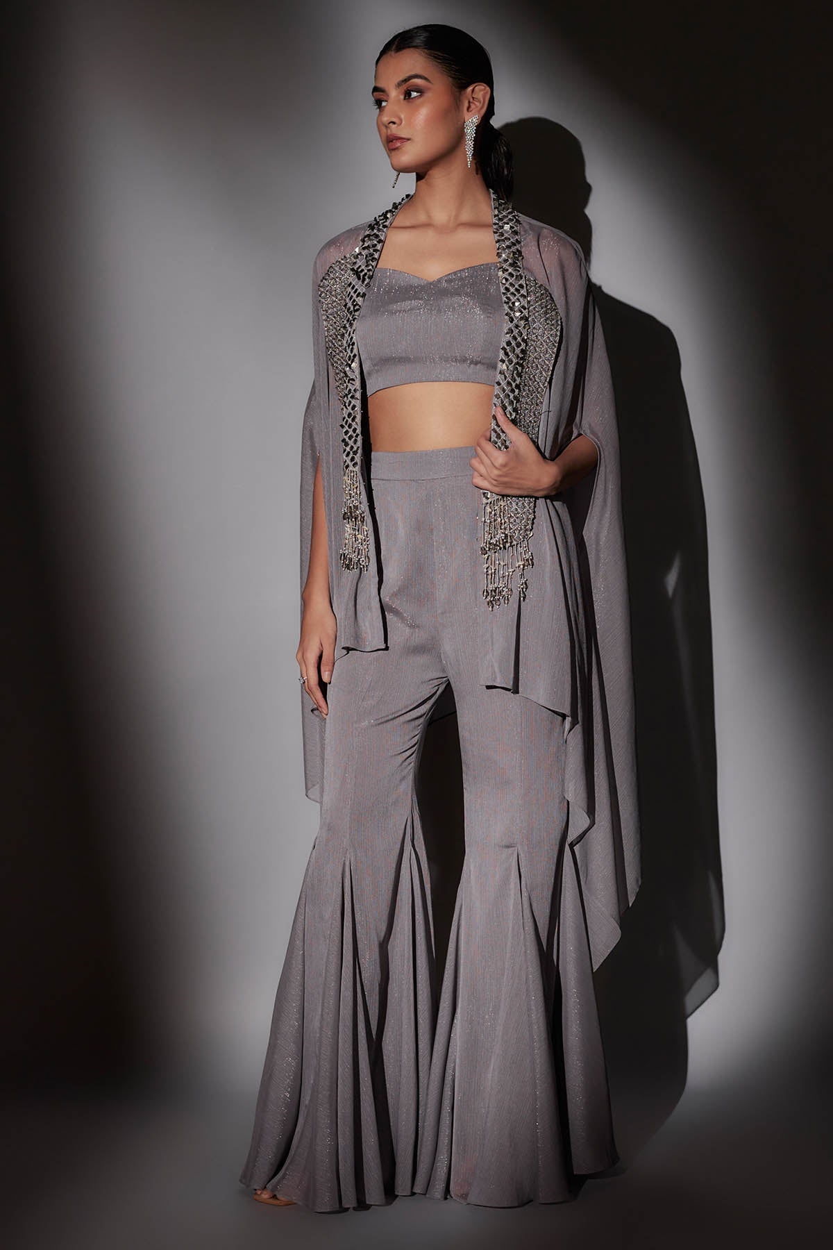 Buy Grey Embroidered Long Cape Set by Ajiesh Oberoi for women online at ScrollnShops