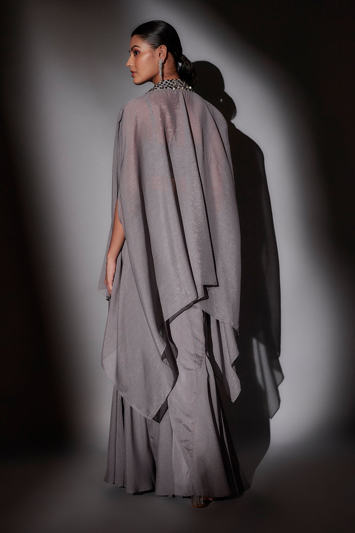 Grey Embroidered Long Cape Set