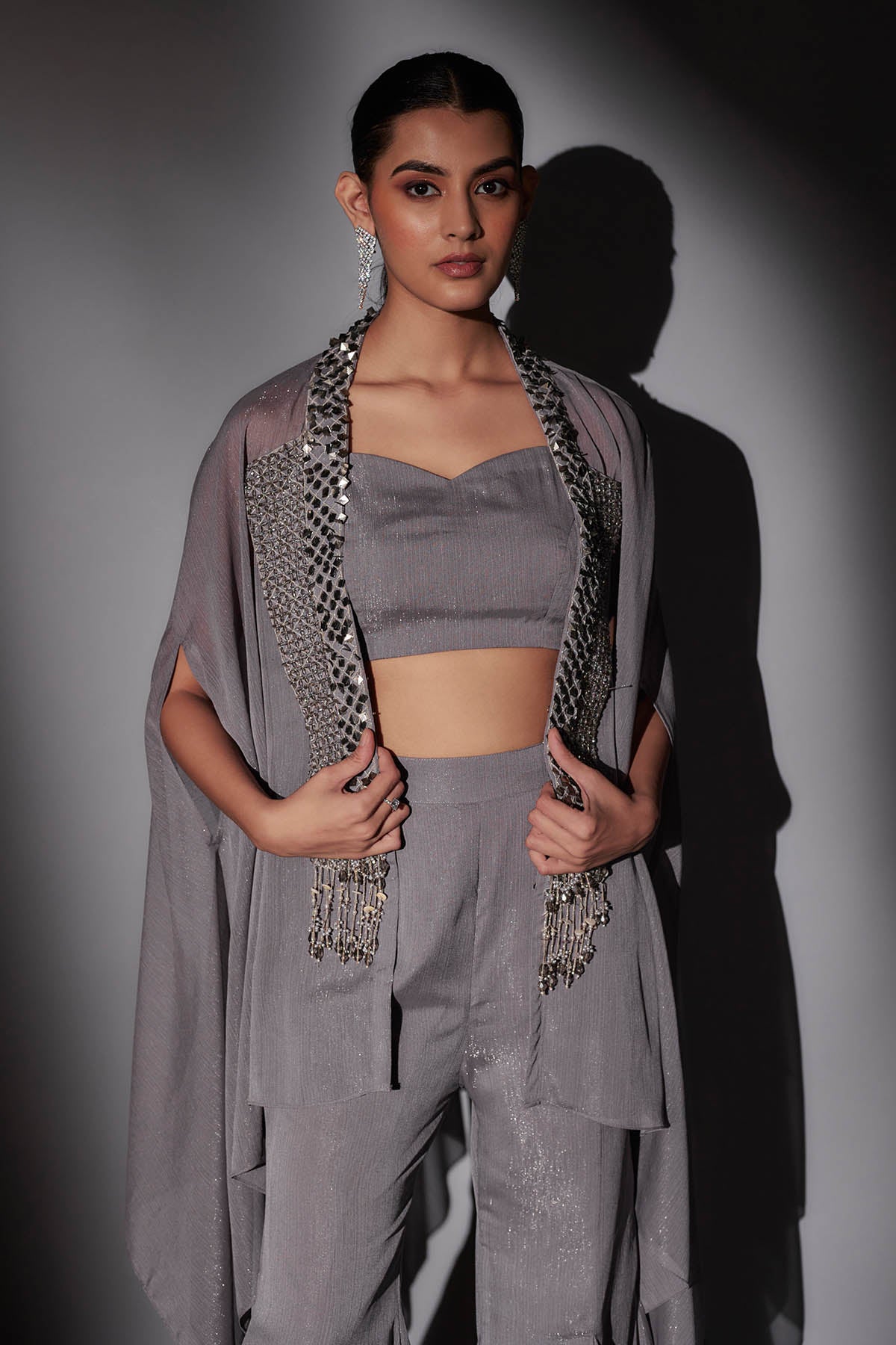 Grey Embroidered Long Cape Set