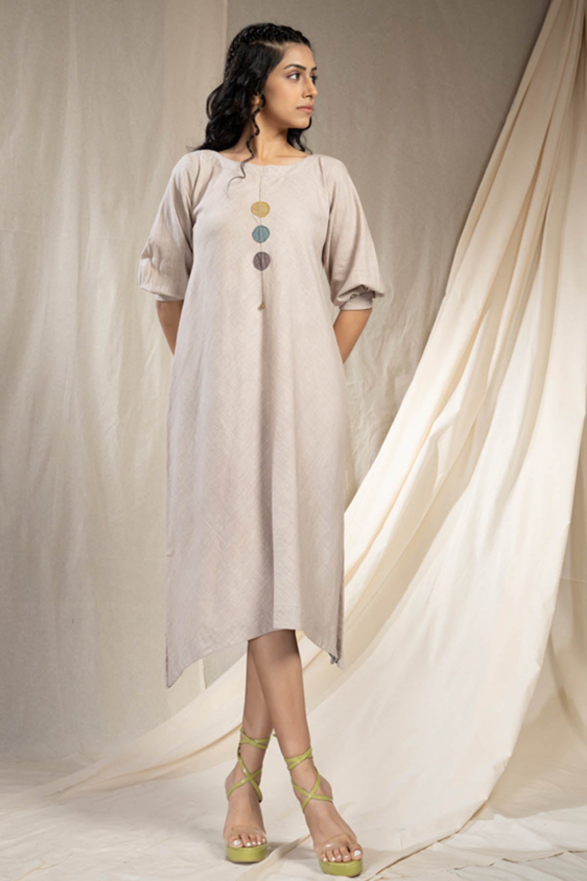 Thread Game Grey Embroidered Midi Dress for women online at ScrollnShops