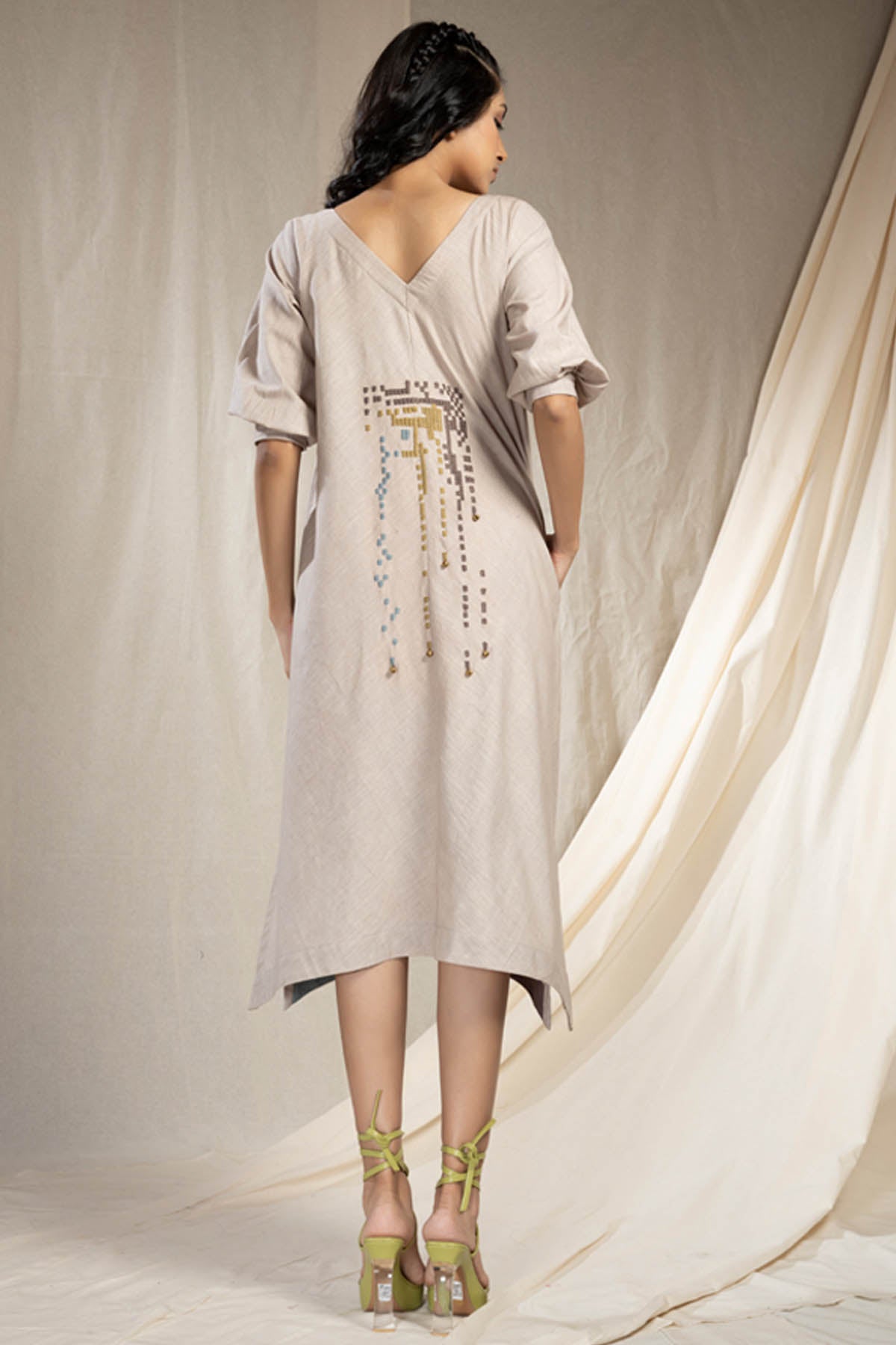 Grey Embroidered Midi Dress