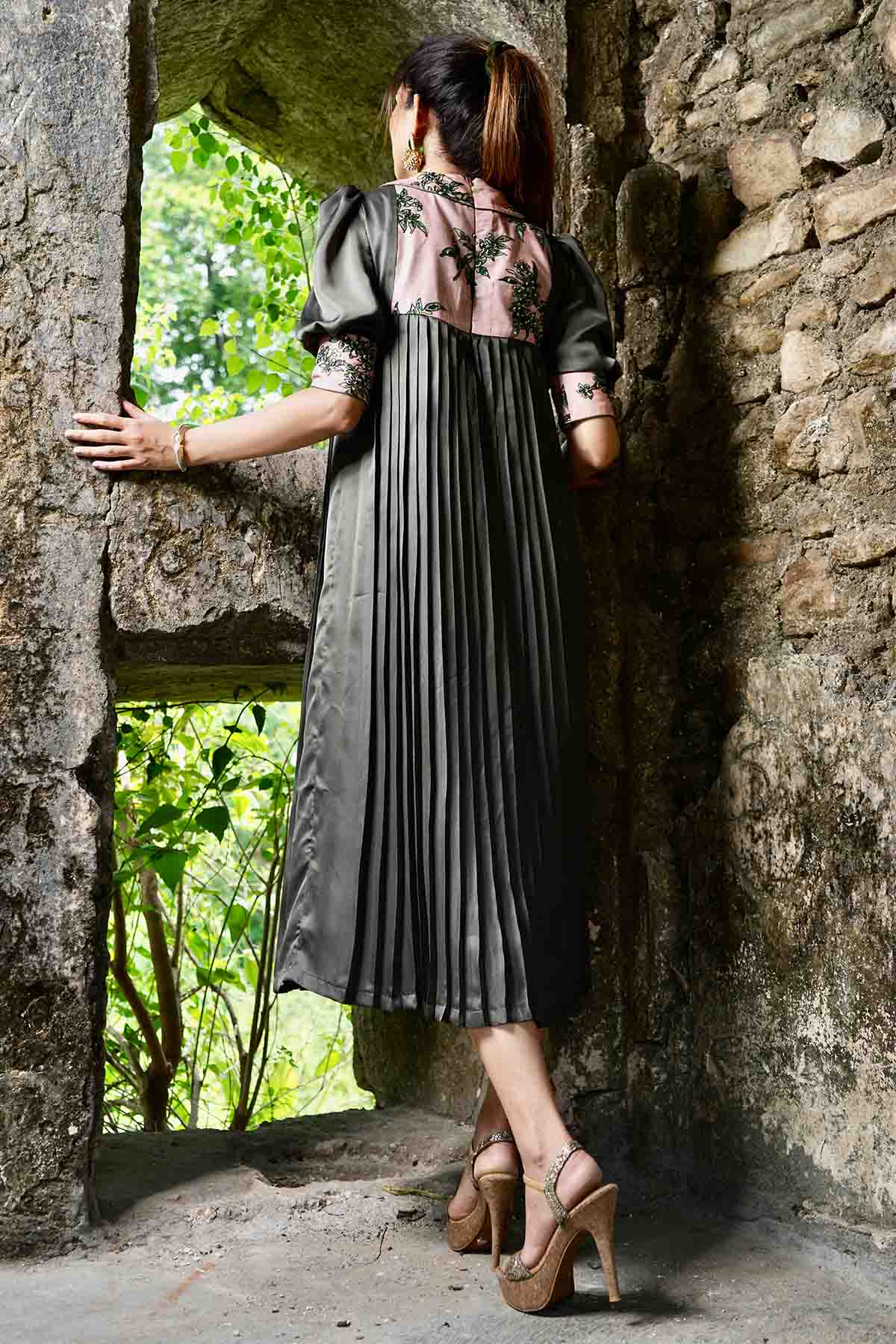 Grey Embroidered Pleated Dress