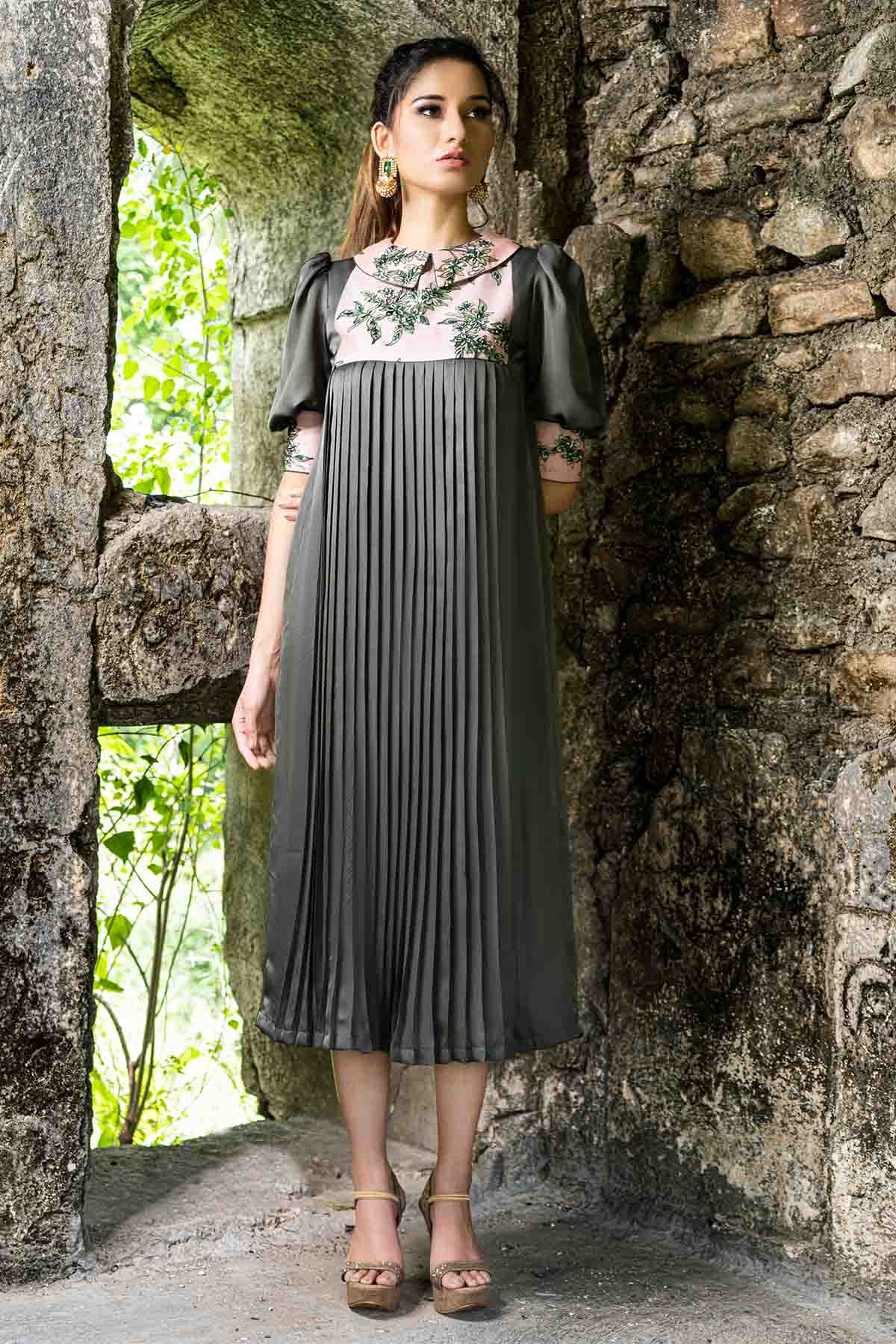 Grey Embroidered Pleated Dress