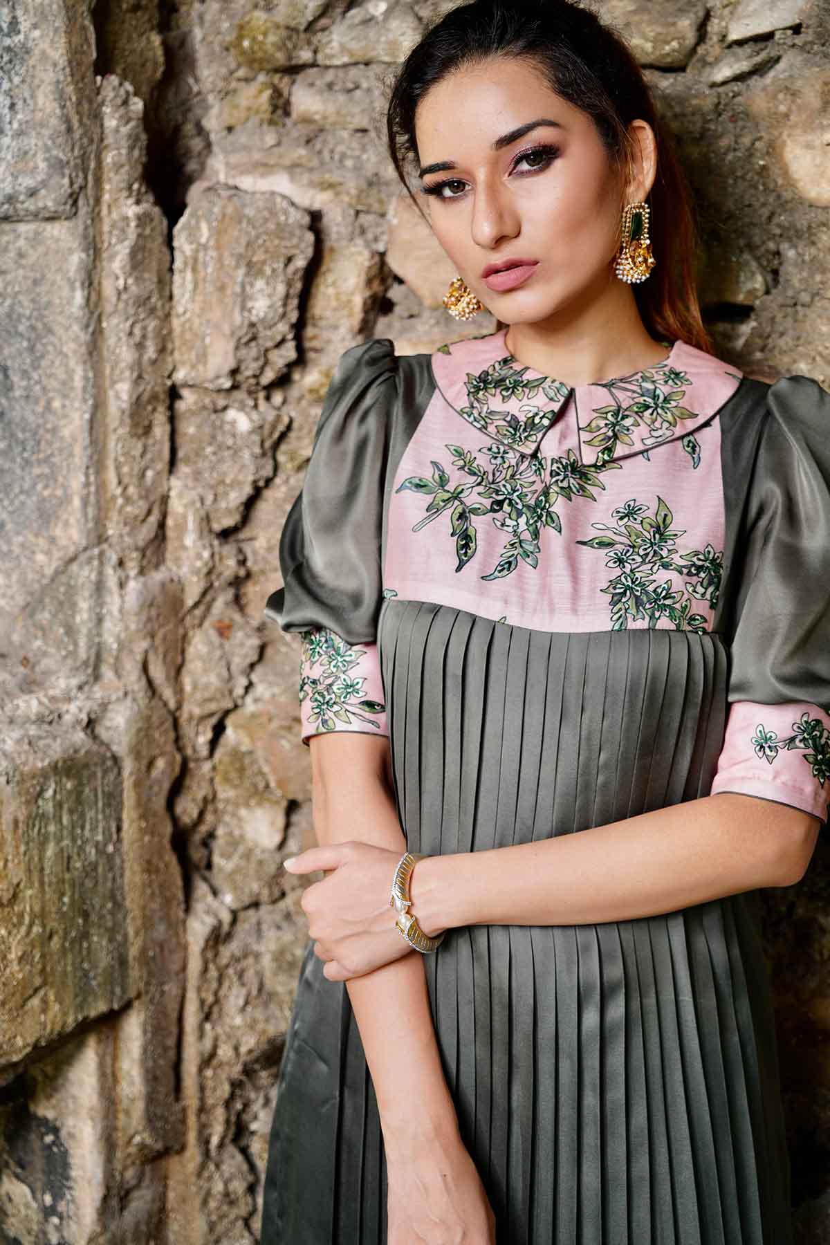 Grey Embroidered Pleated Dress