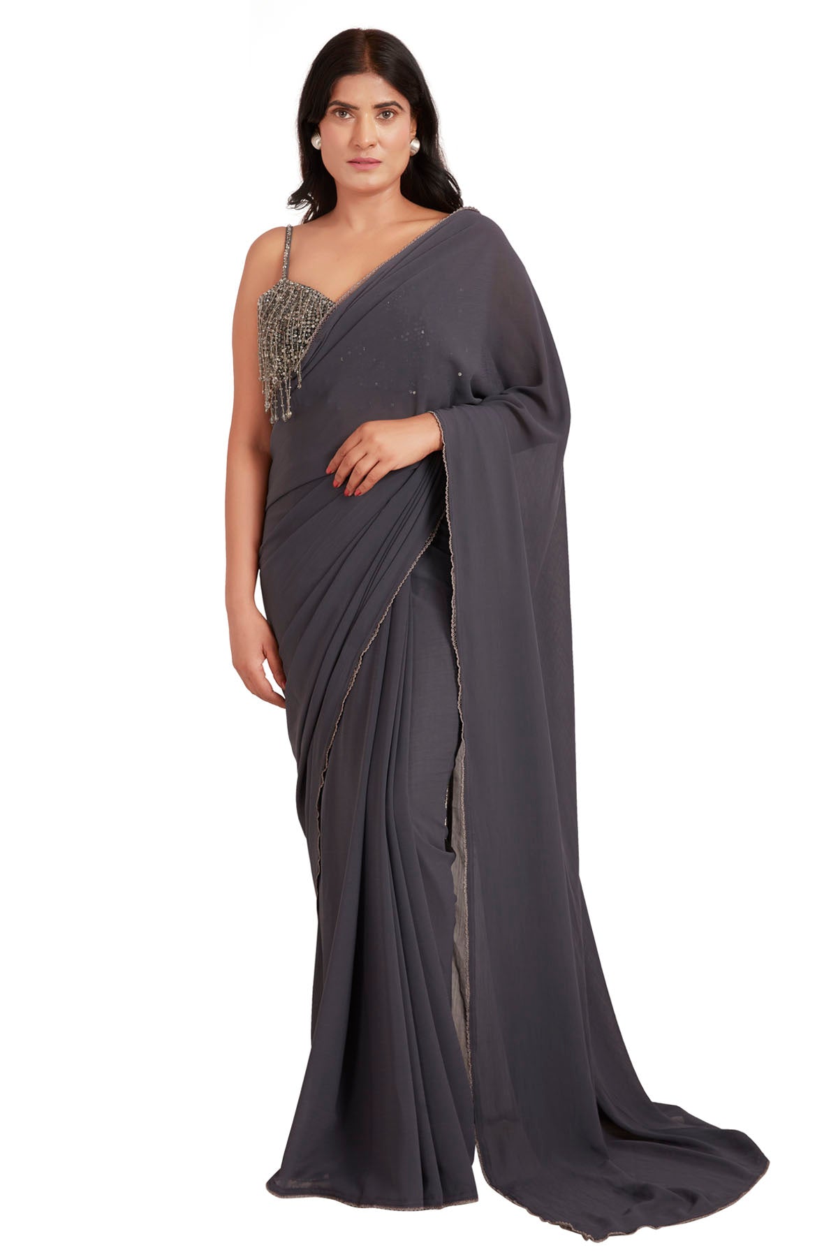 Vastra by Mala Munde Grey Embroidered Saree & Blouse for women online at ScrollnShops